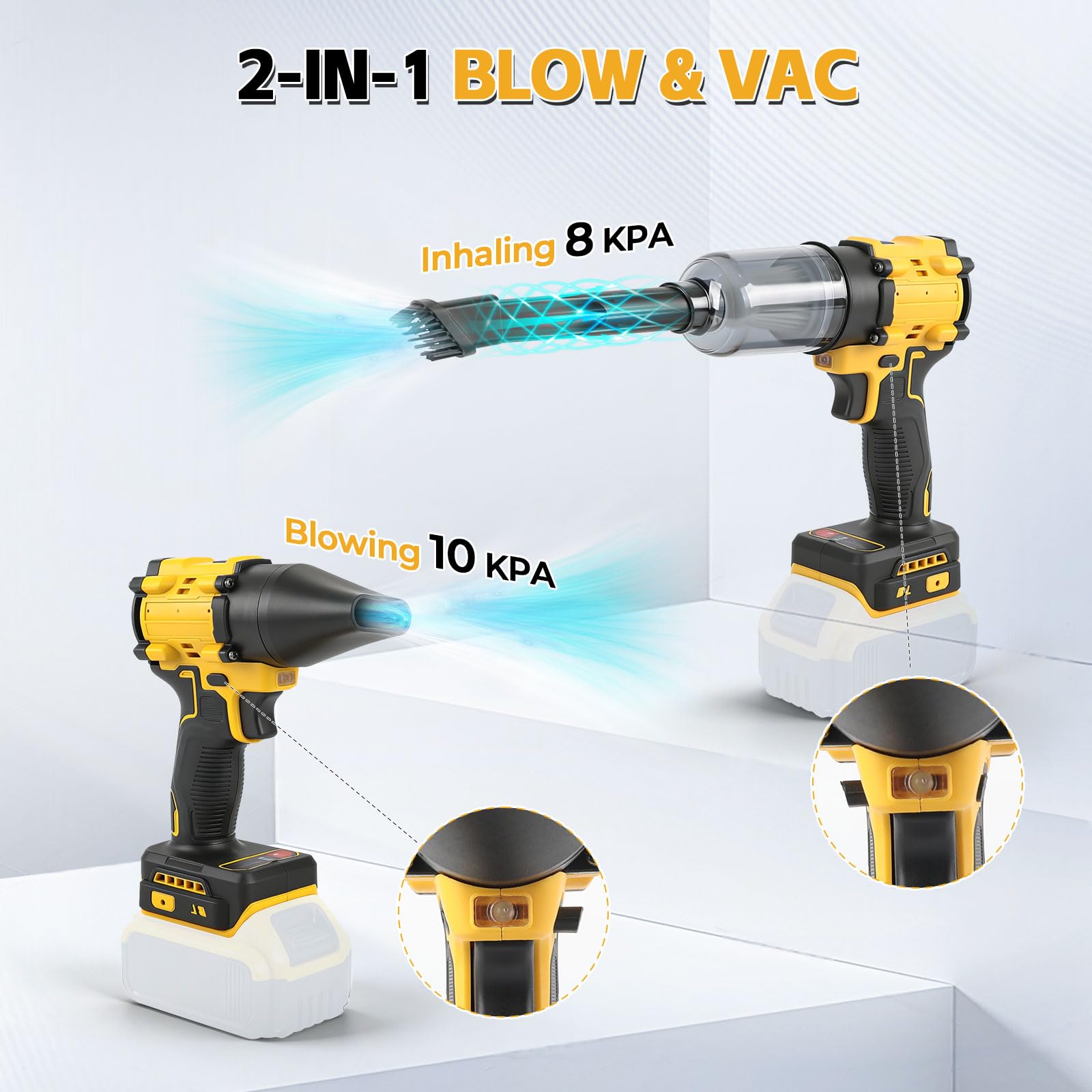 Soplador y aspiradora inalámbricos 2 en 1 compatibles batería Dewalt 18V, soplador aire sin escobillas 150 W/aspiradora aire comprimido con 5 boquillas para automóviles talleres teclados (sin batería)