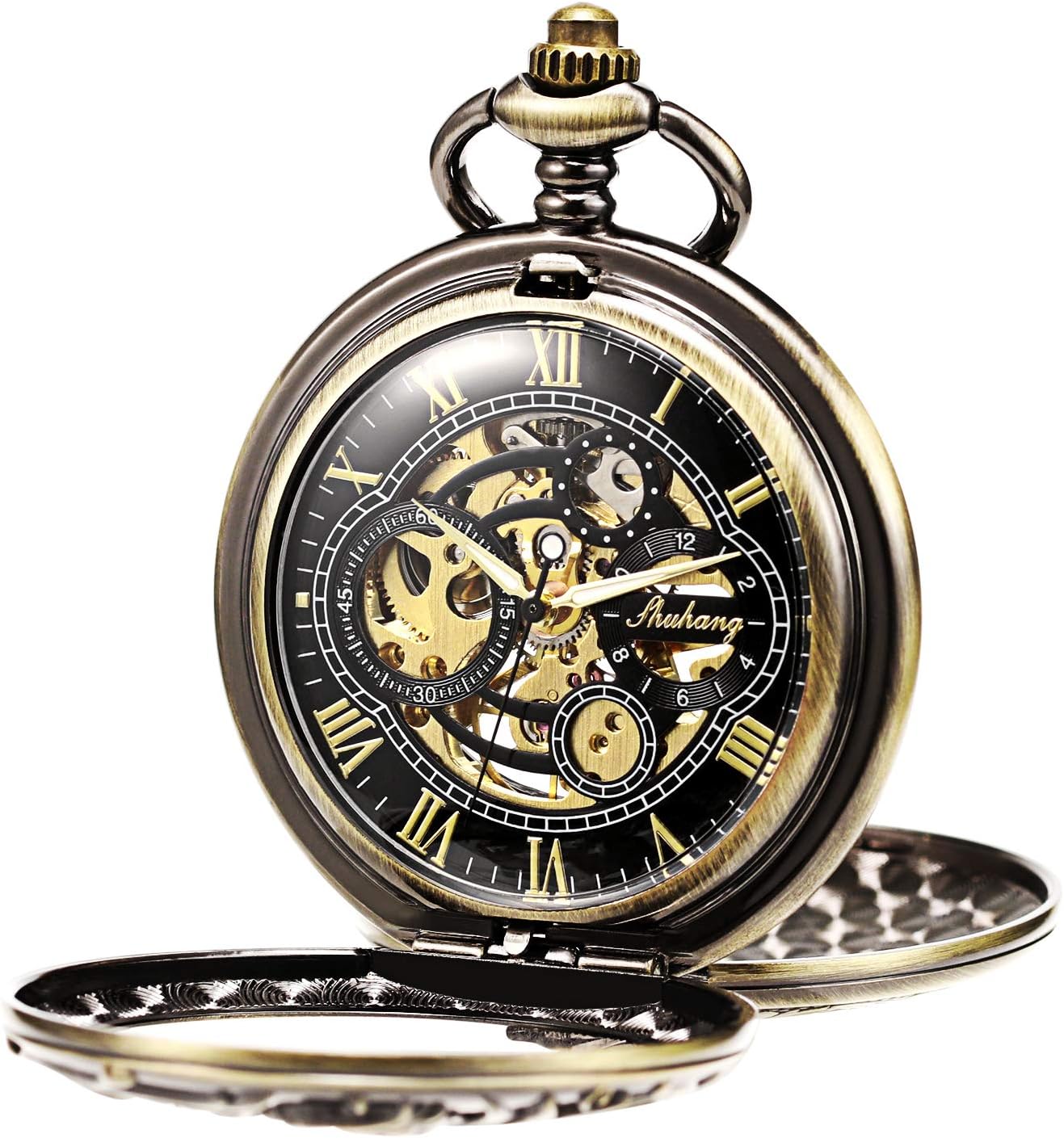 Mens Mechanical Pocket Watch Dream Dragon Skeleton Half Hunter Double Open Silver/Bronze/Black Case for Man