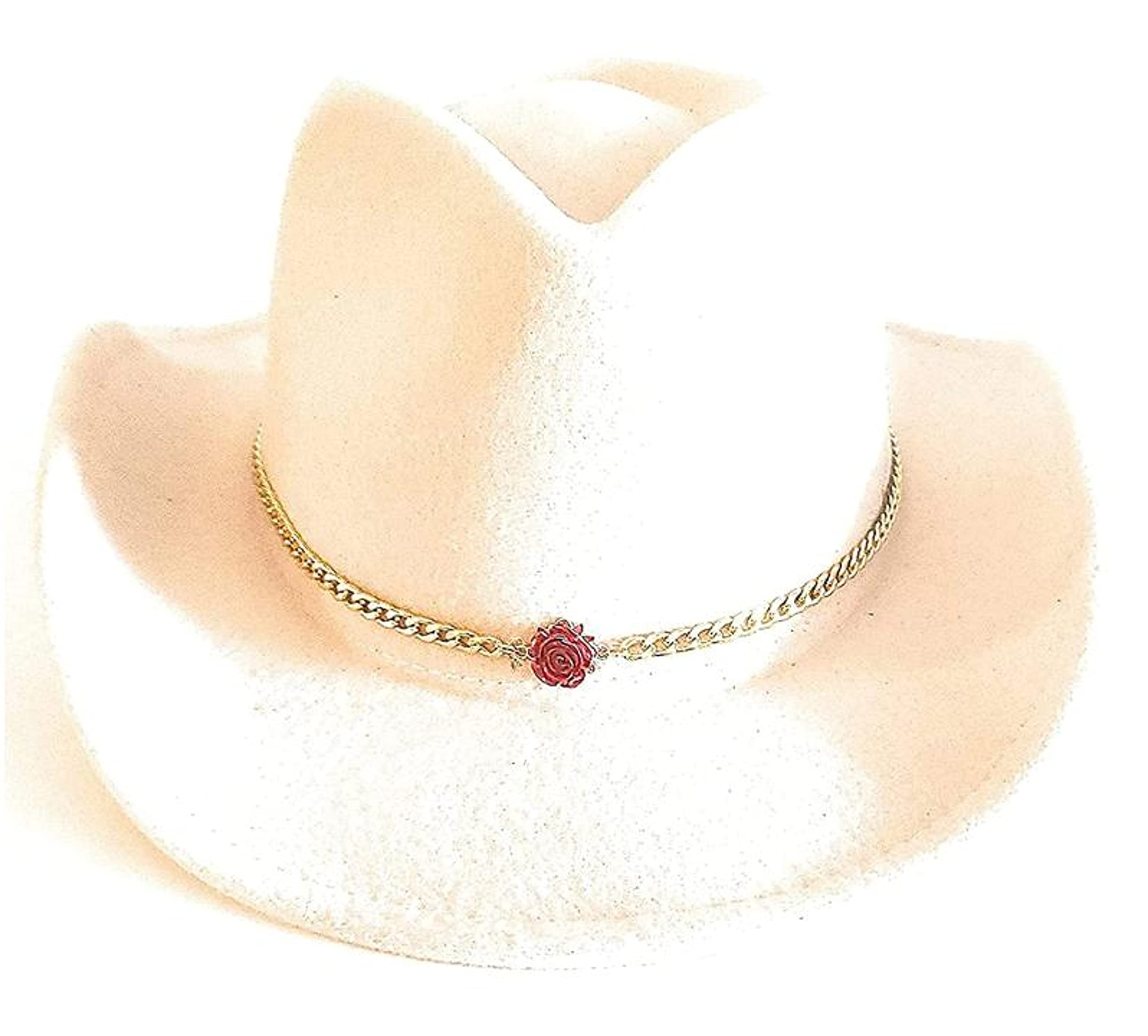Chain Hat Band Red Rose Concho Charm Jewelry Accessory 18k Gold Plated Stainless Steel Chain Micro Suede Cord Adjustable One Size Gift Boxed For Brim Hats