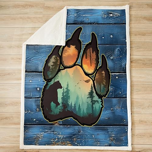 Miniatura 2 de Manfei Manta con estampado de patas para niños, manta rústica de oso salvaje para sofá, manta de cama con tablones de madera azul para niños y