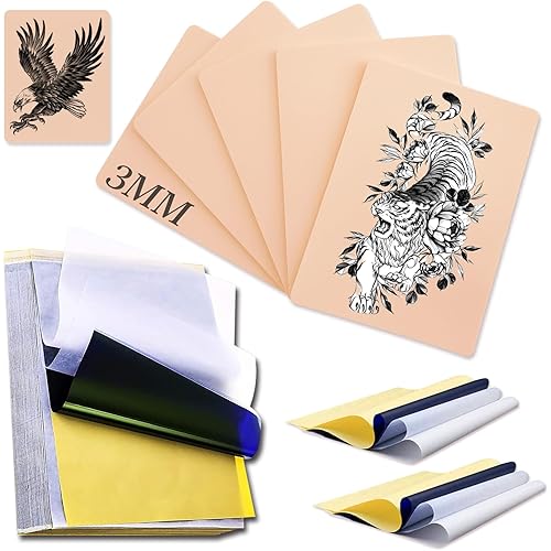 Rayyl 3MM 16Pcs Tattoo Practice Skin with Transfer Paper, 6Pcs Fake Skin 3MM Thick with 10Pcs Transfer Paper for Beginners & Artists Tattoo Supplies