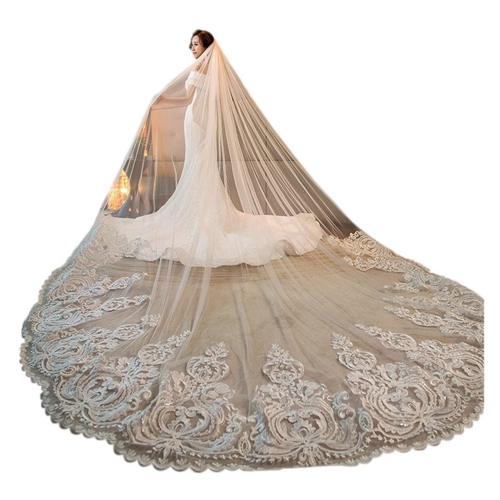 Brautschleier, Hochzeitskleid-Accessoires, lange Braut-Kathedrale-Spitzenapplikation mit Kamm(400cm)