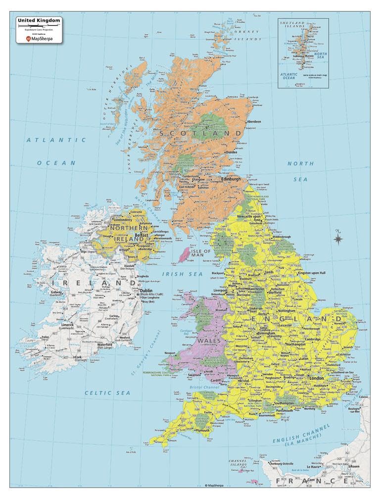 MapSherpa: UK Political Wall Map - Compact - 53 x 41 cm Poster - Art Quality Print on Polypropylene