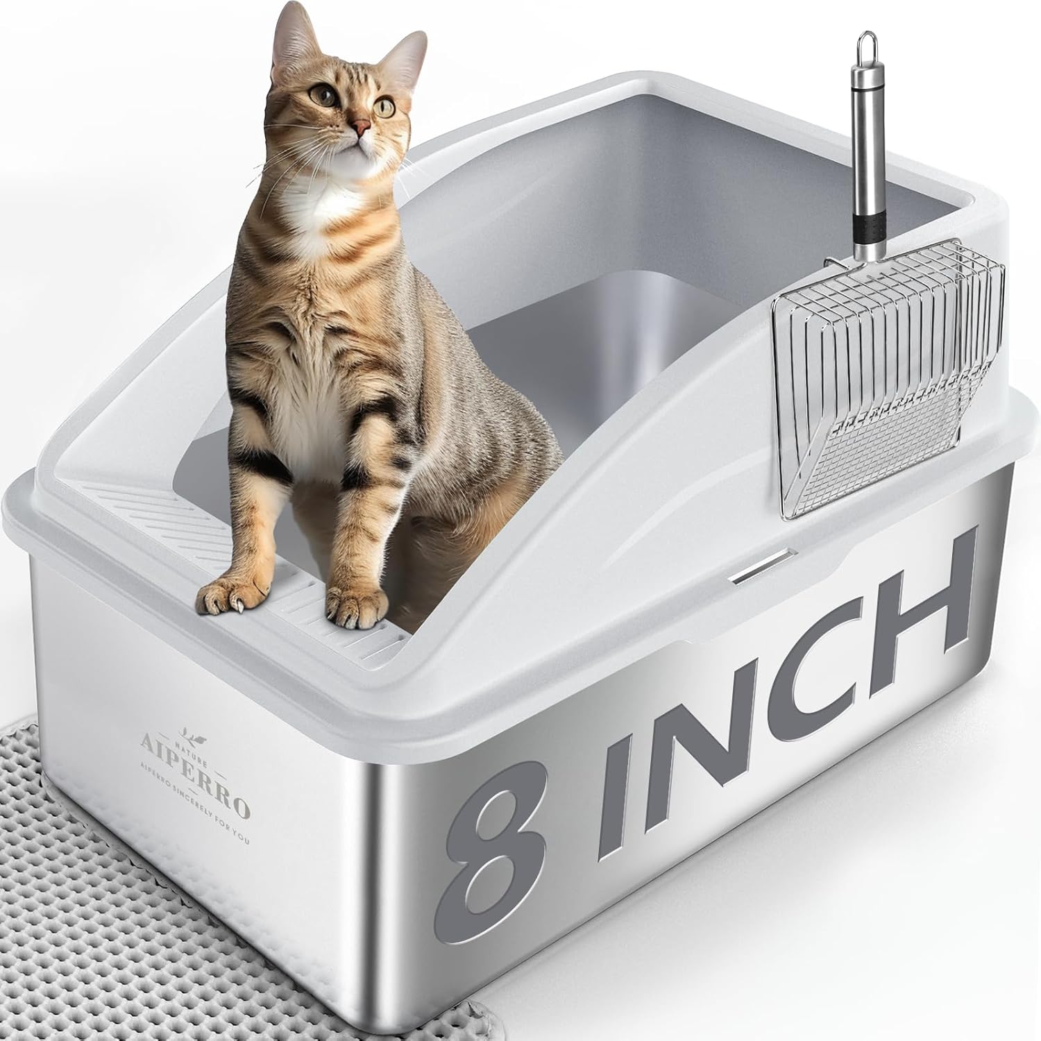 Stainless Steel Litter Box | XXL Deepened 8" Design Enclosed Box with Lid for Big Cats | High Sided, Anti-Urine Leakage | Non-Stick Bottom & Includes Litter Mat & Metal Scoop XX-Large Silver Gray