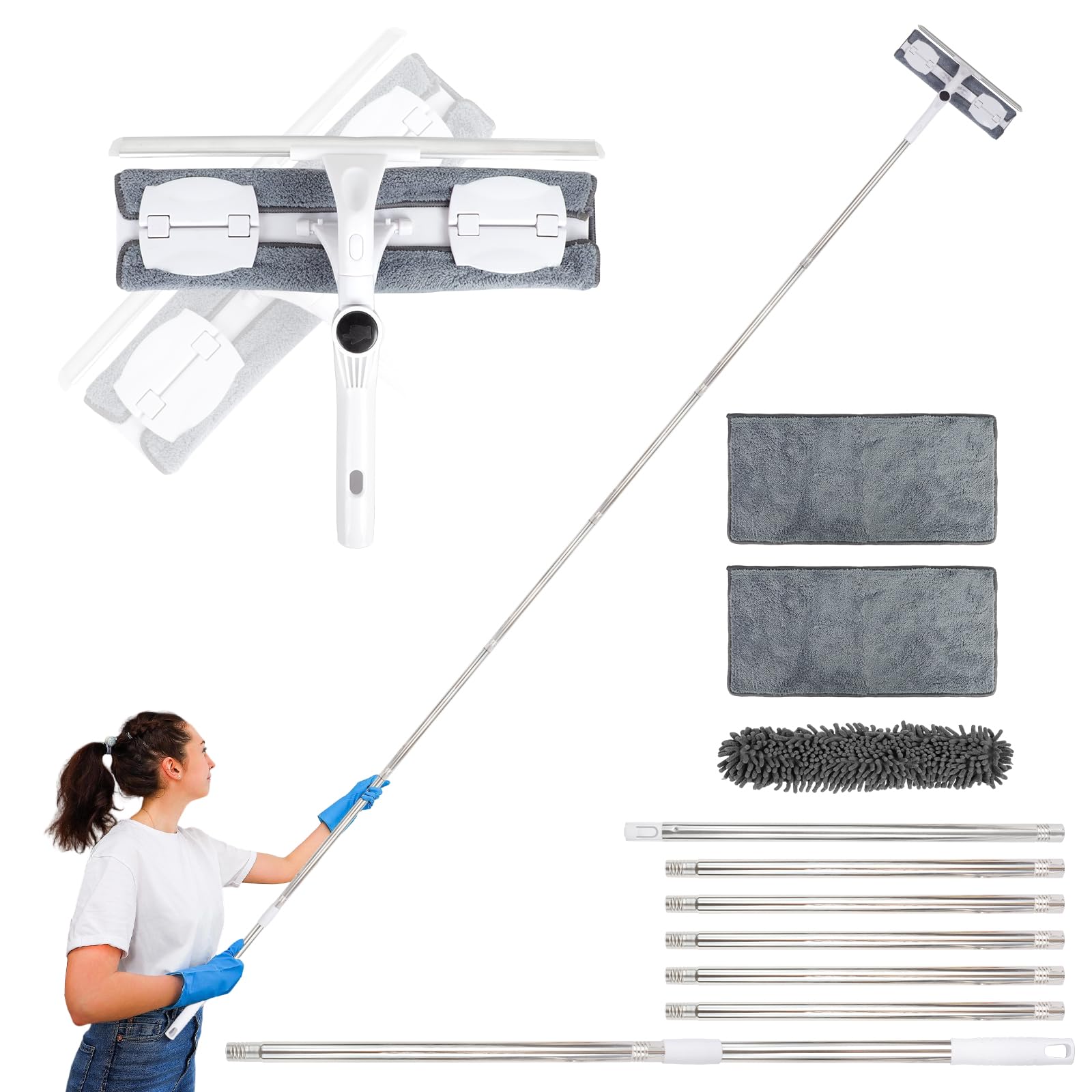 10.5Ft Telescopic Window Cleaner Equipment with Extension Pole, Silicone Scraper, 3Pcs Wash Mops, 2-in-1 Squeegee Window Cleaner Kit for Home, Shower Glass, Car, RV, Grey