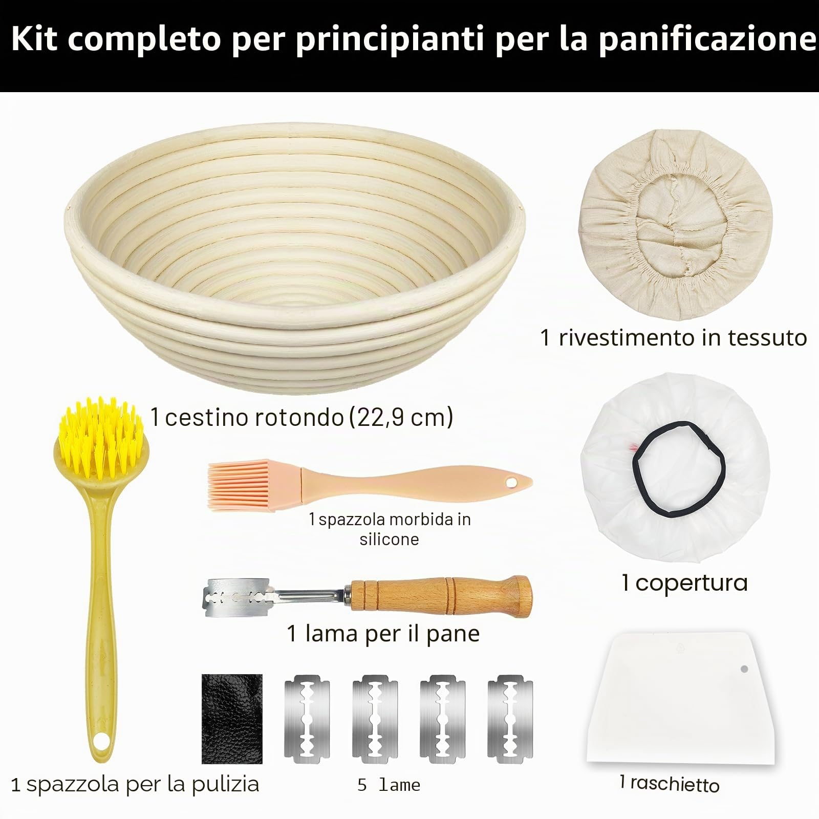 Set di Cestino da Lievitazione per Pane 23 cm - Rotondo in Rattan Naturale Con Accessori per la Cottura (9")