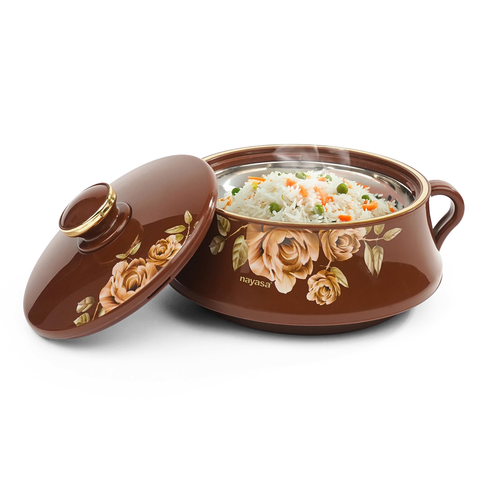 Nayasa Lorenzo Insulated Inner Stainless Steel Casserole- 1500 ML | Serving Bowl with Lid | Hot Pot for Kitchen | Roti Box | Brown