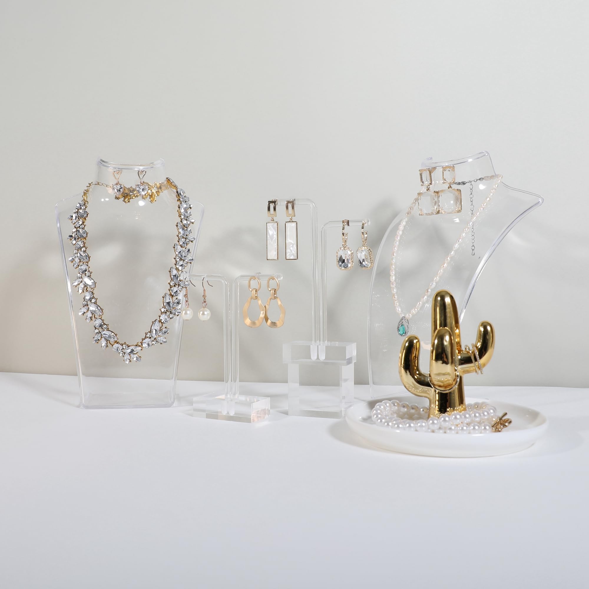 Supporto per esposizione di collane e orecchini in acrilico, porta-collane trasparente per vendita, supporto tridimensionale trasparente per manichino di gioielli【Busto set di 3】