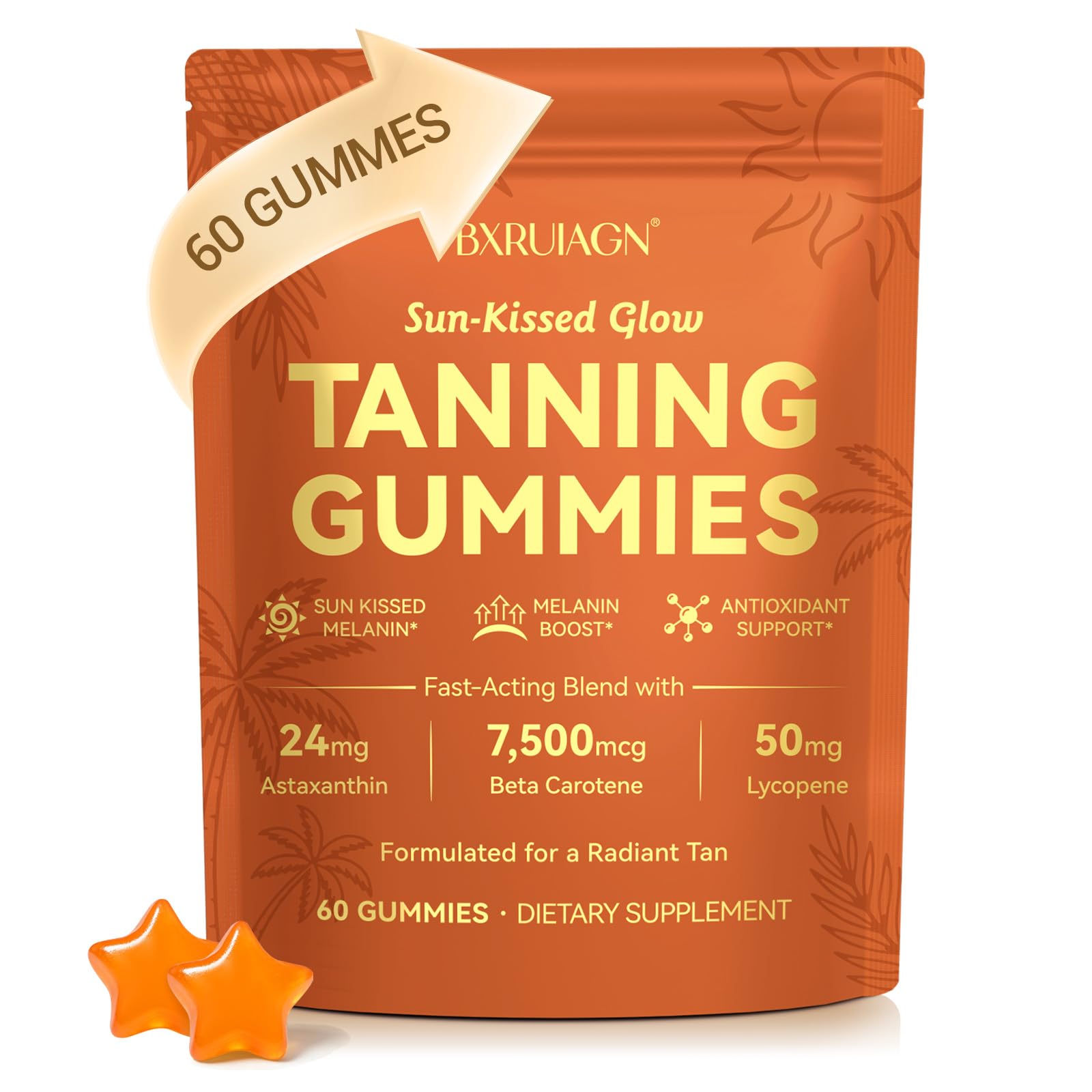 Tanning Gummies, Sunless Tanning Supplement for Women and Men, 60 Count Orange