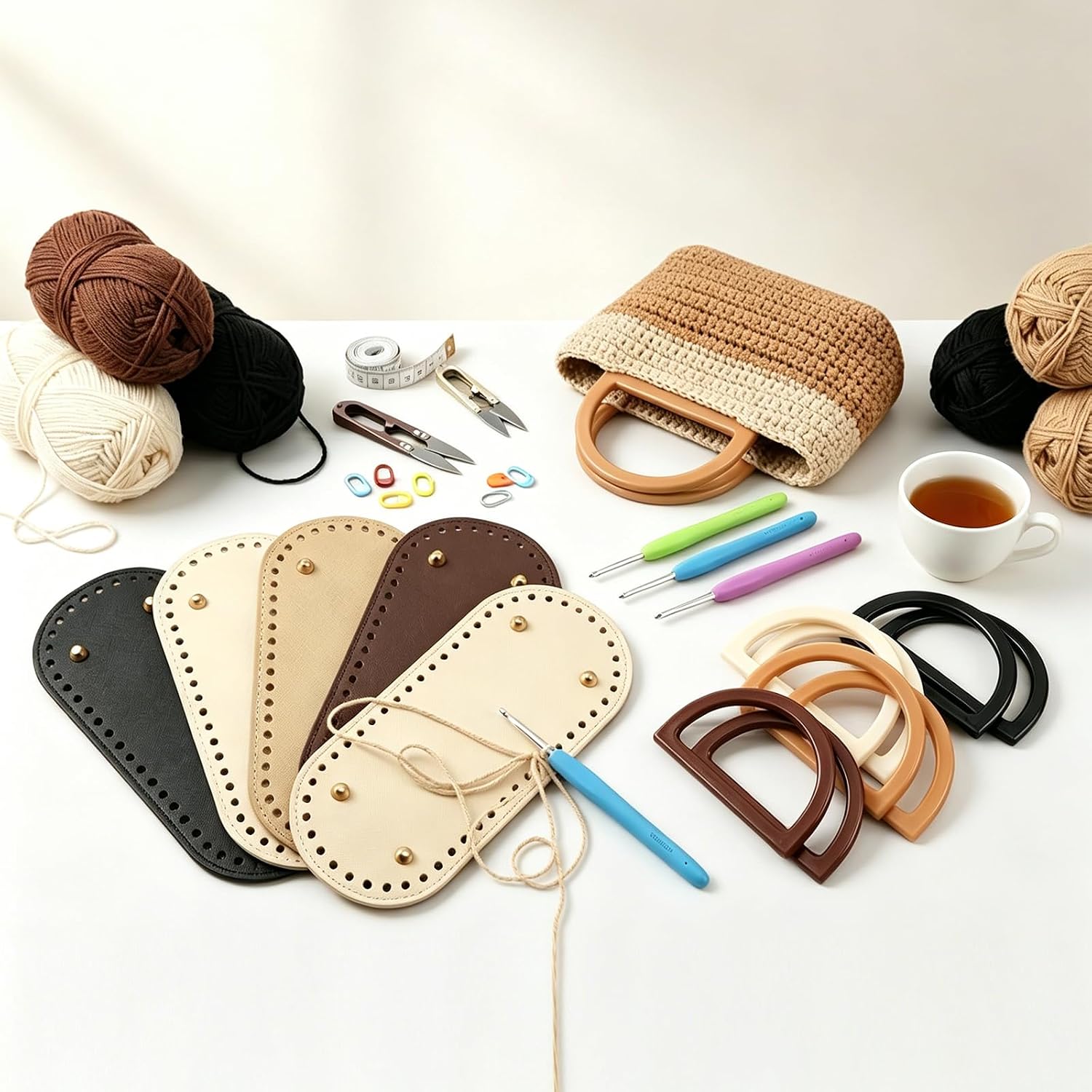 4+8 PCS Bag Base & Handles for Crochet Bag 4 Colors PU Leather Purse Bottom