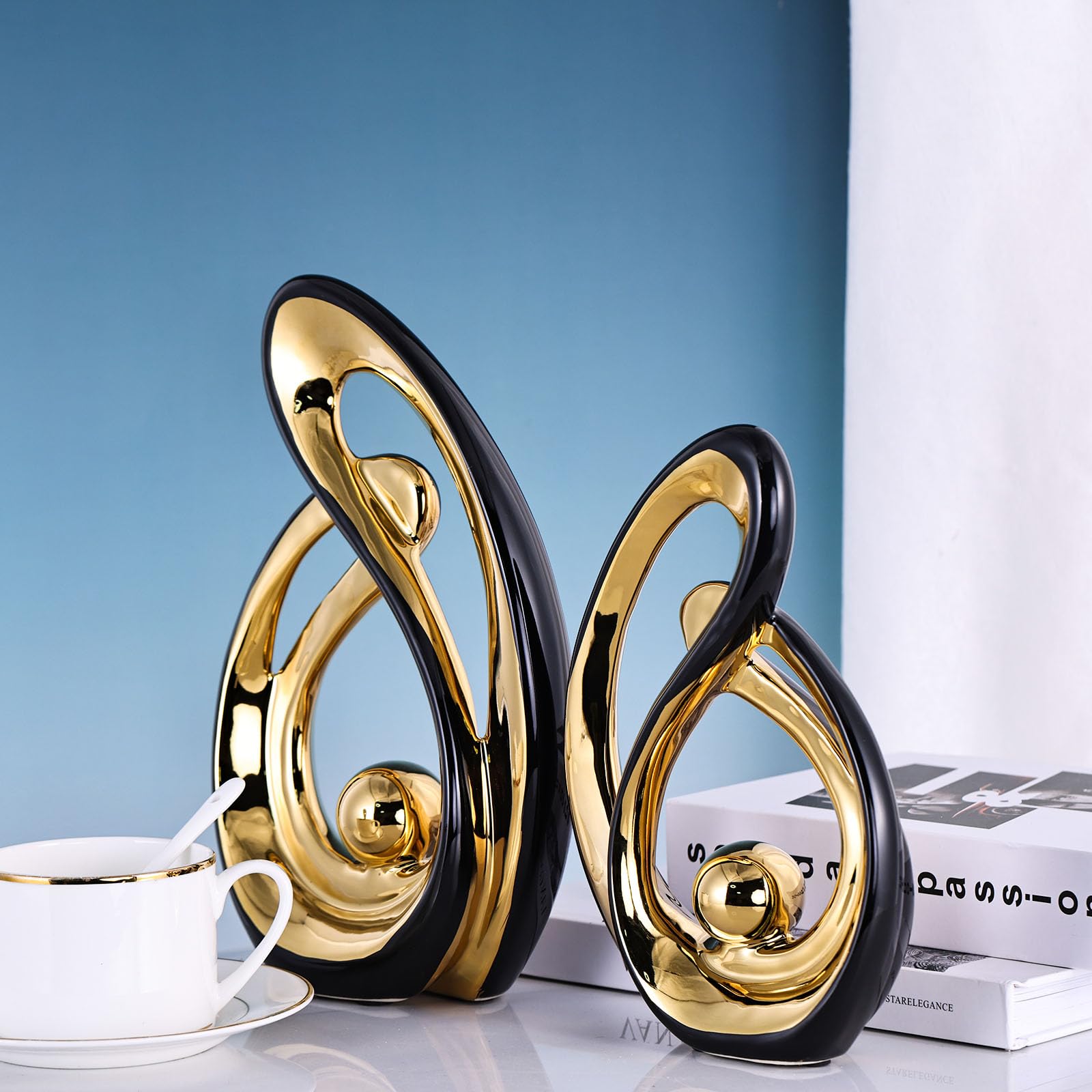 XMGZQ Nero e Oro Scultura Deco Set di 2,Ceramica Statua di Arte Astratta,Decorazione Soggiorno,Camera da Letto Deco,Appartamento Moderno Oggetti Decorativi Sculture