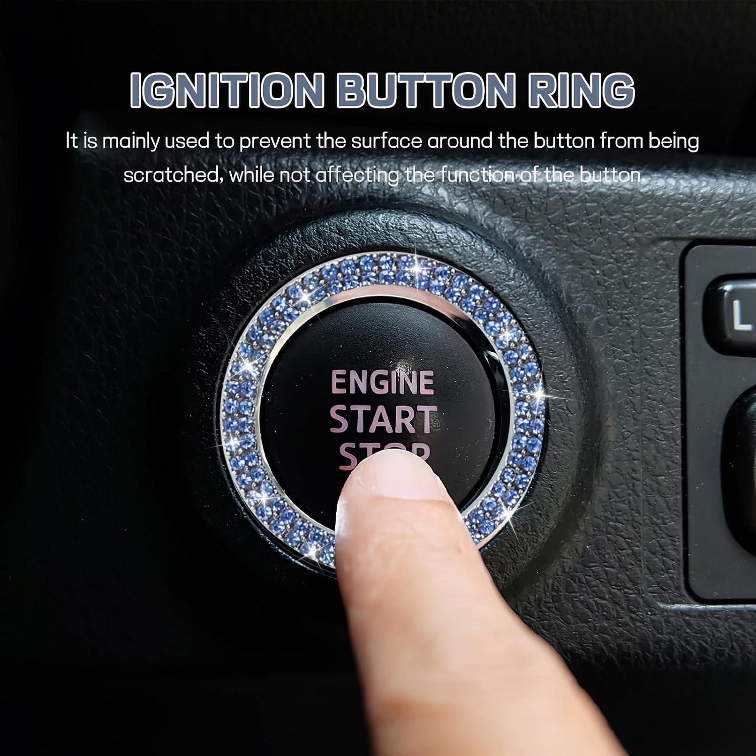 Wuyaoyao 4PCS Car Tire Valve Stem Caps with 1PC Engine Start Button Cover, Bling Car Accessories for Women, Crystal Rhinestone Tire Air Cap, Universal Diamond Ignition Button Ring Sticker (Blue) image 3
