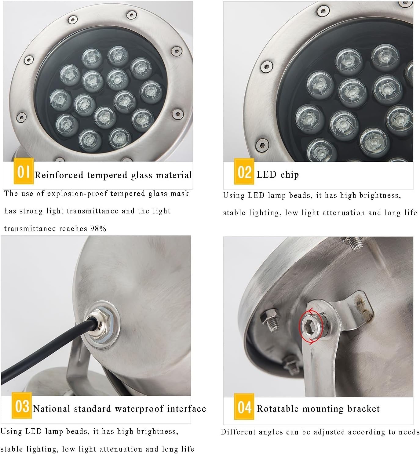 Faro subacqueo a LED Girevole Sommergibile per Piscina IP68 Impermeabile in Acciaio Inossidabile Faro per Stagno a Bassa Tensione DC12/24V Spotlight per Giardino, stagni, cascate, Feste Paes