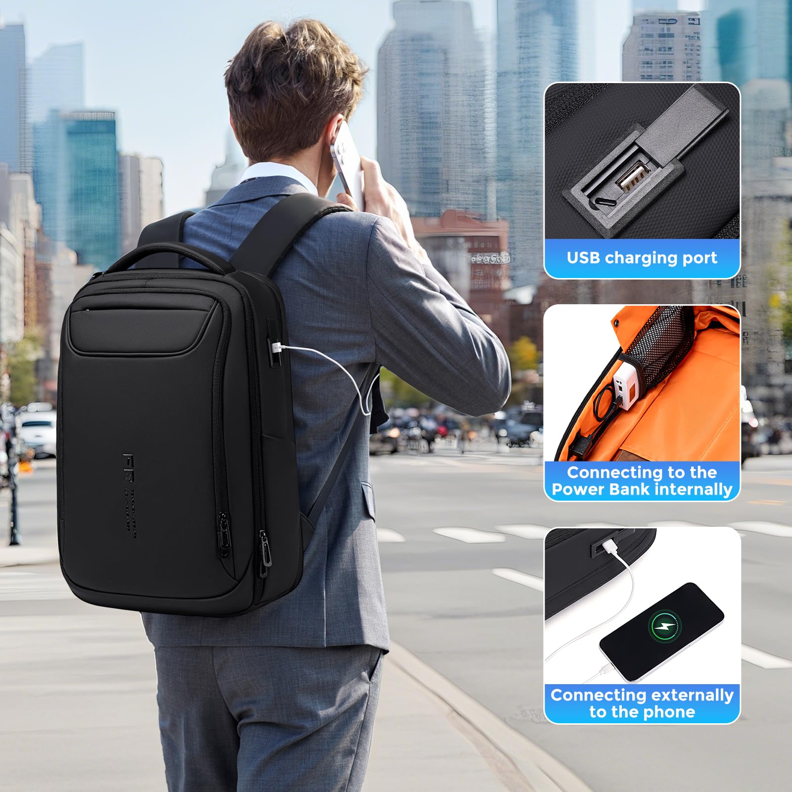 FENRUIEN Sac à dos extensible pour ordinateur portable 15,6 pouces 1800D pour homme avec port de charge, sac d'ordinateur durable, antivol high-tech, résistant à l'eau, sac à dos décontracté