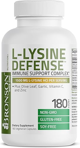 Miniatura 17 de Bronson Complejo de apoyo inmunológico de defensa de L-lisina 1500 mg de L-lisina más hoja de olivo, ajo, vitamina C y zinc, sin OMG, 90 cápsulas