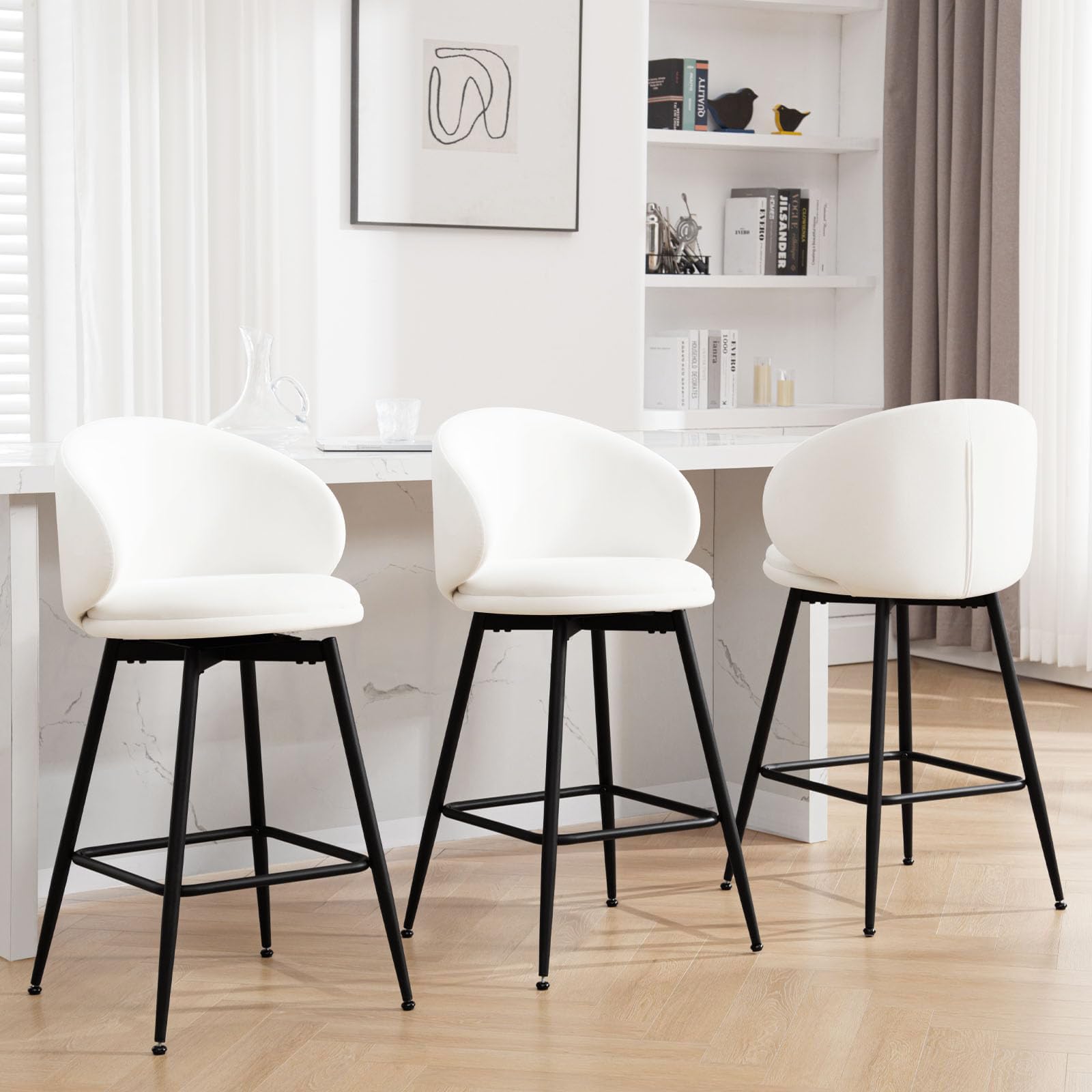 26" Counter Height Swivel Bar Stools with Back, Set of 3, Velvet Upholstered Kitchen Barstools Modern Bar Chair Island Stools for Kitchen Counter, Cream White, Sillas para barra de cocina