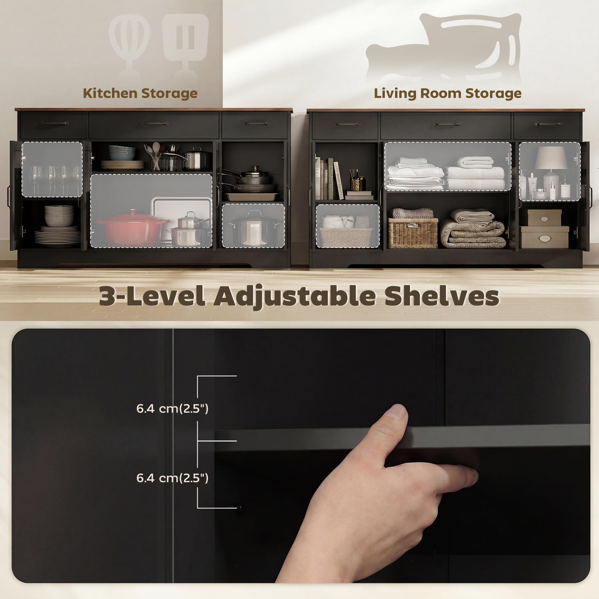 HOMCOM Sideboard Buffet Cabinet, 55" Farmhouse Kitchen Storage Cabinet with 4 Barn Doors, 3 Drawers, 3 Adjustable Shelves, Coffee Bar Station, TV Stand for TVs up to 60 Inch, Black - 4