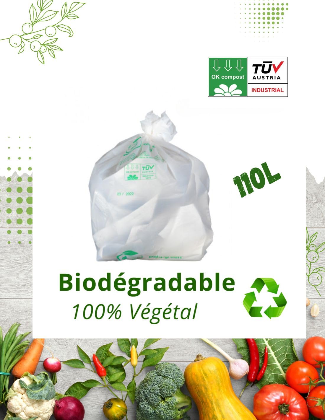 Bolsa de basura blanca biodegradable y compostable | Lote de 50 bolsas ecológicas responsables | Fabricación de materiales vegetales: almidón de maíz | resistente – impermeable | OK Compost EN12432