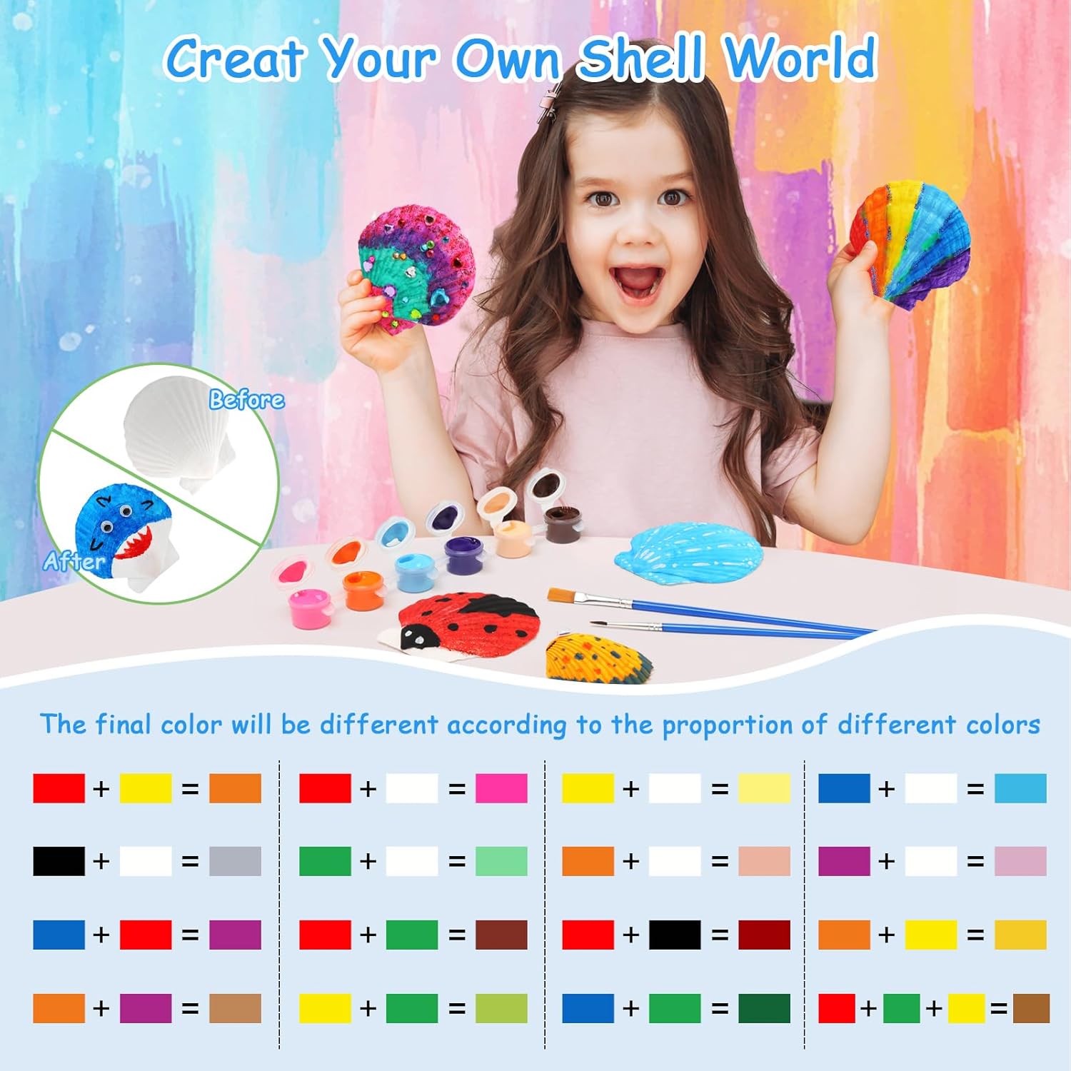 A young girl holding a painted seashell, with a color mixing chart below showing how different colors combine.