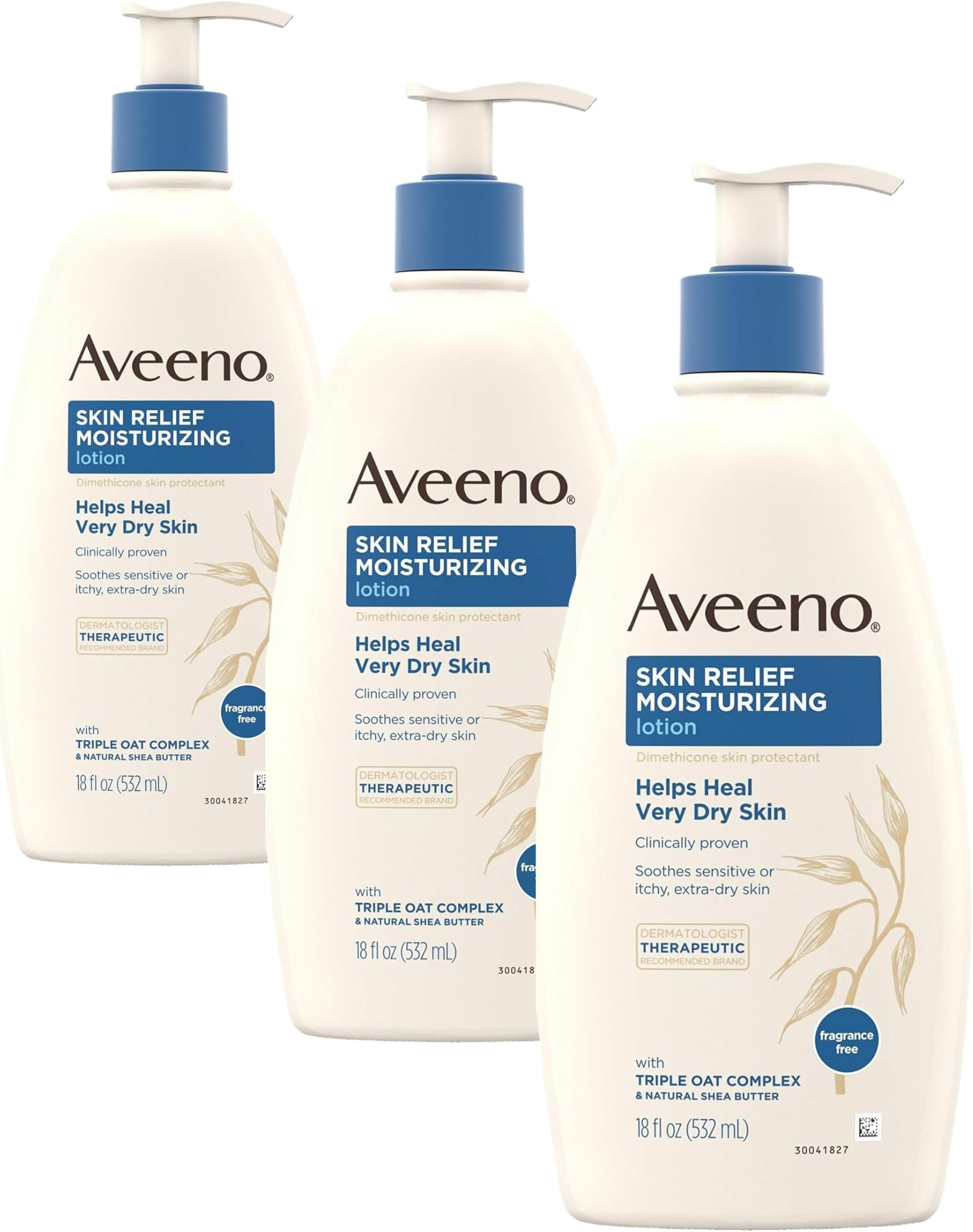 Aveeno Skin Relief Fragrance-Free Moisturizing Lotion for Sensitive Skin, with Natural Shea Butter & Triple Oat Complex, Unscented Therapeutic Body Lotion for Itchy, Extra-Dry Skin, 18 fl. oz