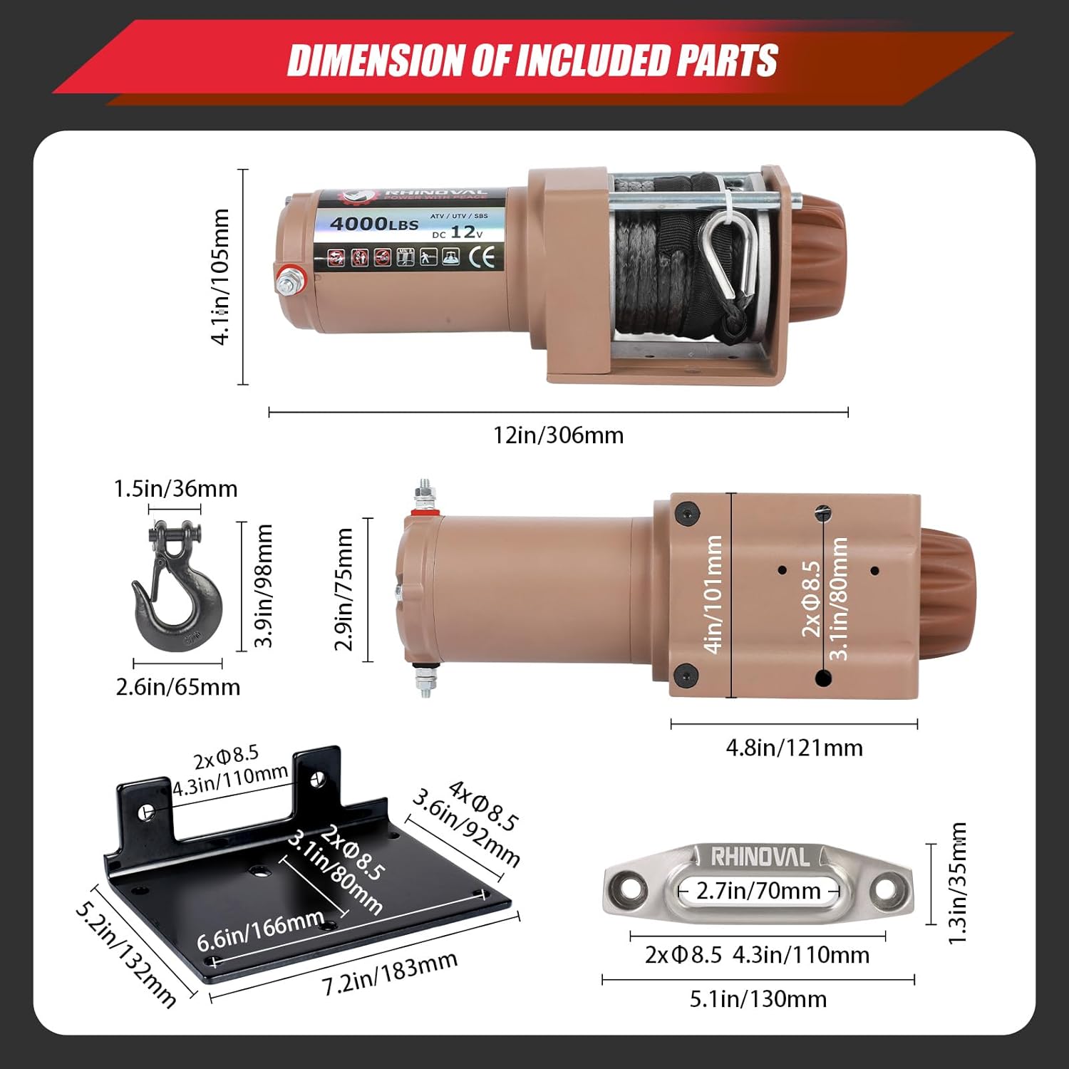 4000lb Winch, IP67 Waterproof, Dual Wireless Remotes, Synthetic Rope with 6600 lbs Breaking Strength, 12V, for ATV/UTV Recovery, Trailer, Flatbed (RH4000 Separate Mount)