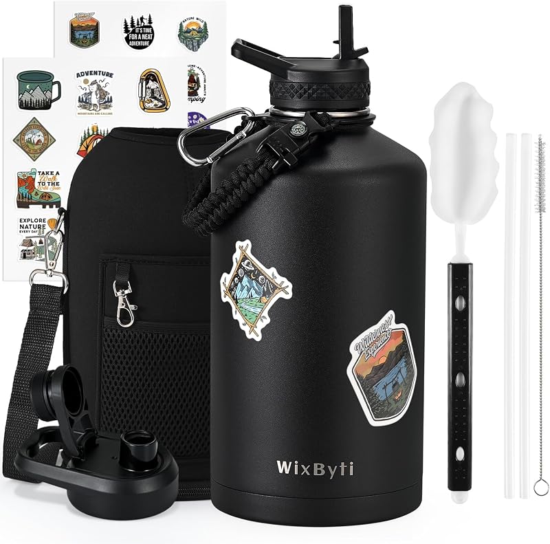 WixByti Botella de agua aislada de un galón, jarra de agua de acero inoxidable de 128 oz | (frío 48 horas), aspiradora de triple pared, a prueba de fugas y sin BPA, botella de agua deportiva grande con tapas con pico de paja y mango de paracord