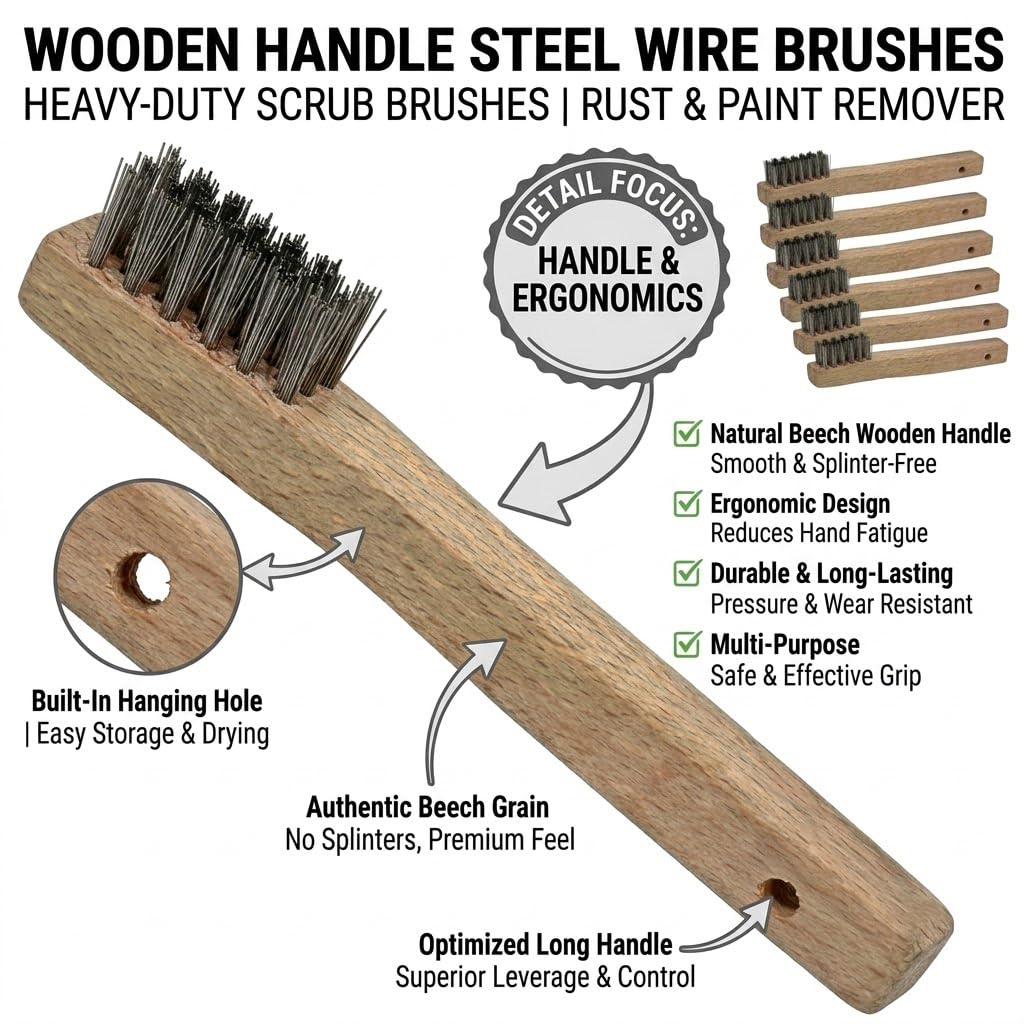 20-Piece Wire Scratch Brush Set, 8 Inch Wood Handle 3x7 Row Steel Bristles for Rust Removal, Paint Stripping & Welding Cleaning.