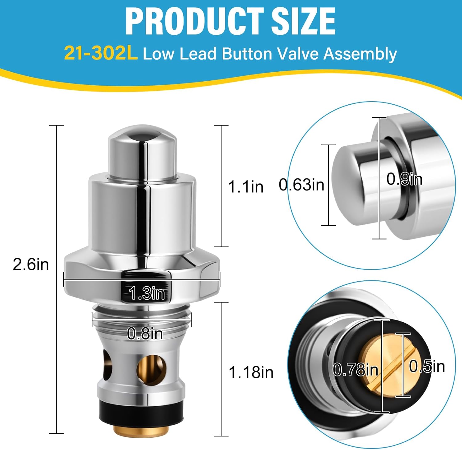 Low Lead Button Valve Assembly Compatible with all Krowne Pre-Rinse Spray Heads, Knee Valve, Foot Valves, 21-302L faucet valve part for Commercial Kitchen, 2.6" Length, Thread Diameter 0.8"