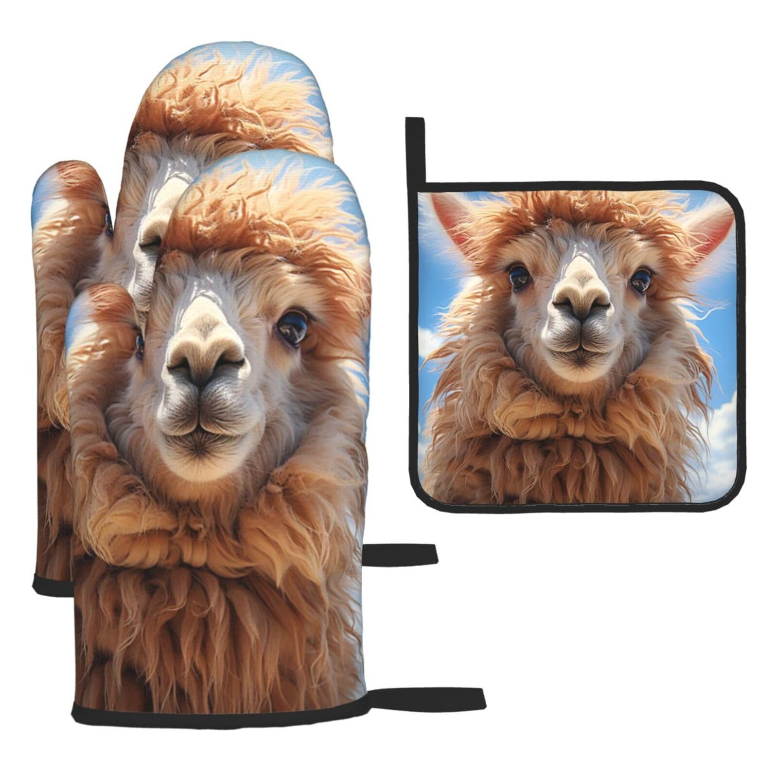 Oven Mitts and Pot Holders Set of 3 Heat Resistant Non-Slip Kitchen Gloves Hot Pads Funny Alpaca Llama Mittens Non-Slip Potholders for Cooking Baking Grilling BBQ