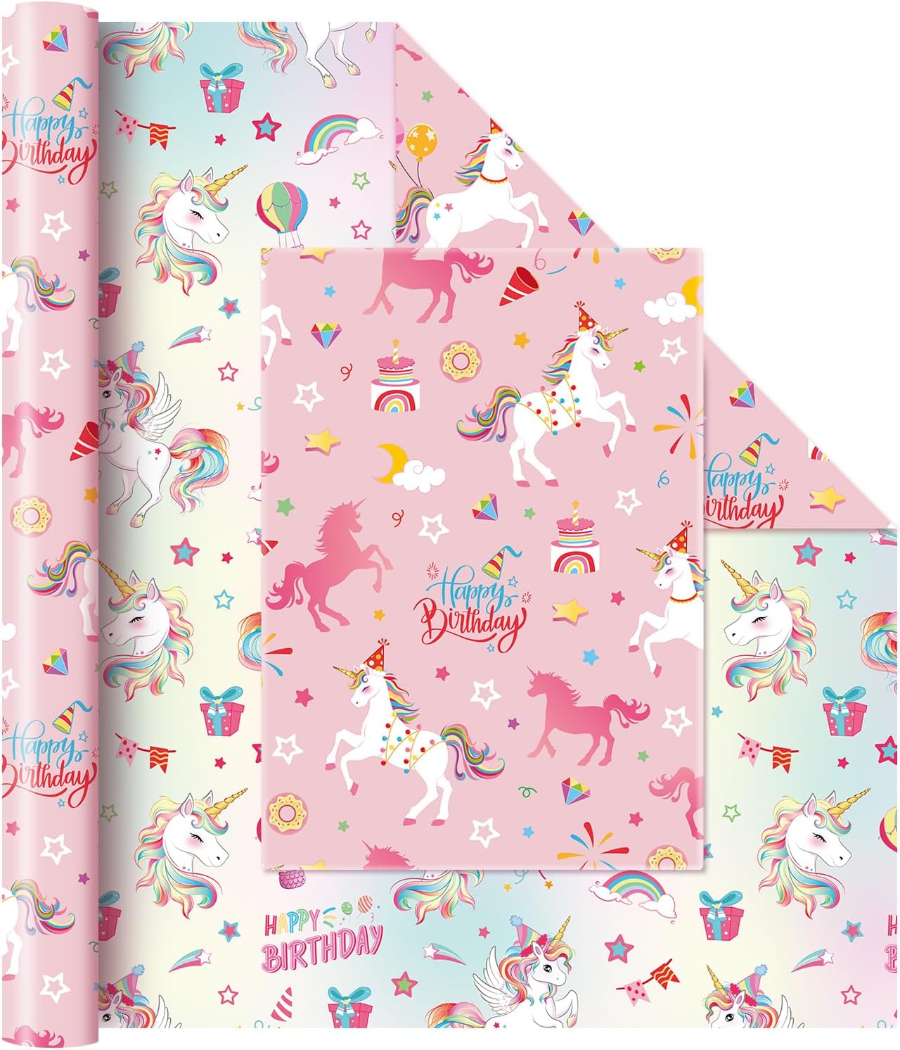 WERNNSAI Unicorn Reversible Wrapping Paper Roll - 17' x 33 ft Unicorn Princess Gift Wrapping Paper - Pink & White - 48.5 sq ft - Baby Shower & Birthday Occasion