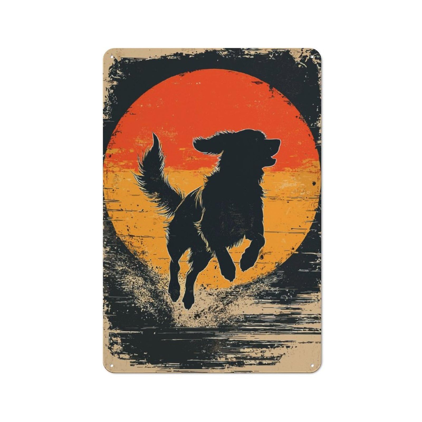 Junmoney Dog Silhouette Sunset Country Country Metal Sign 30X20cm, Farmhouse Wall Decor For Farmhouse Kitchen, Pantry Or Dining Area