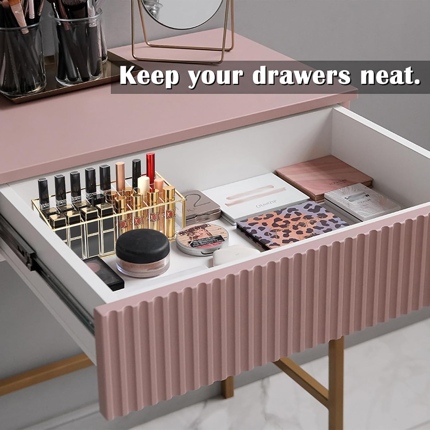ELLDOO Rollerball Perfume Organizer, 24 Acrylic Spaces Glod Glass Perfume Storage Holder Beauty Scent Holder, Makeup Lipgloss Lipstick Display Case