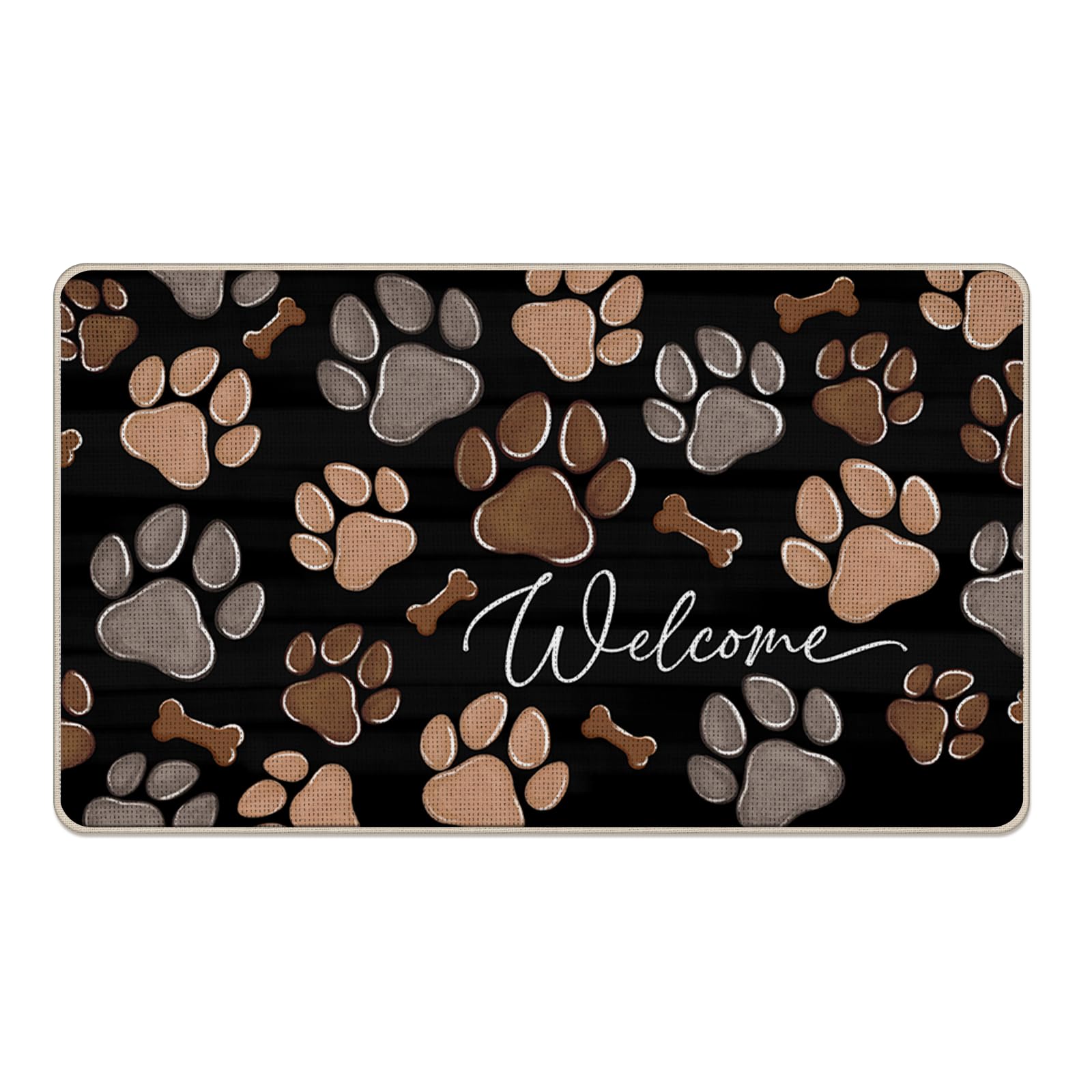 Welcome Dog Paw Print Decorative Front Door Mat, Bone Black Doormat Indoor Outdoor Non-Slip Floor Entryway Rug, Home Kitchen Decoration Pet Lover Gifts 17x29 Inch