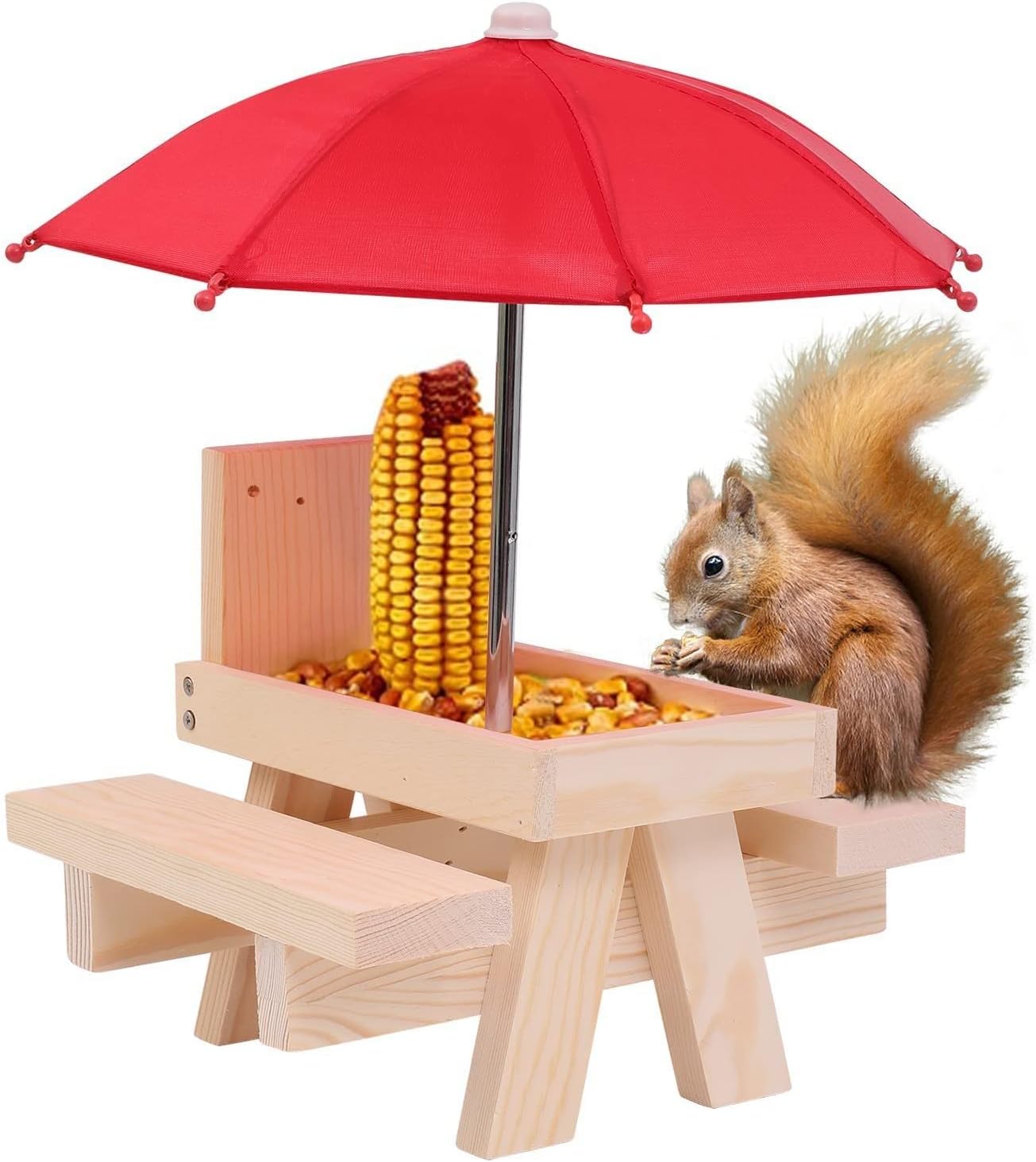 Squirrel Feeder Wooden Table with Umbrella Corn Cob Holder Funny Chipmunk Sugar Possum Feeders for Outside Picnic Waterproof (Carbonized)