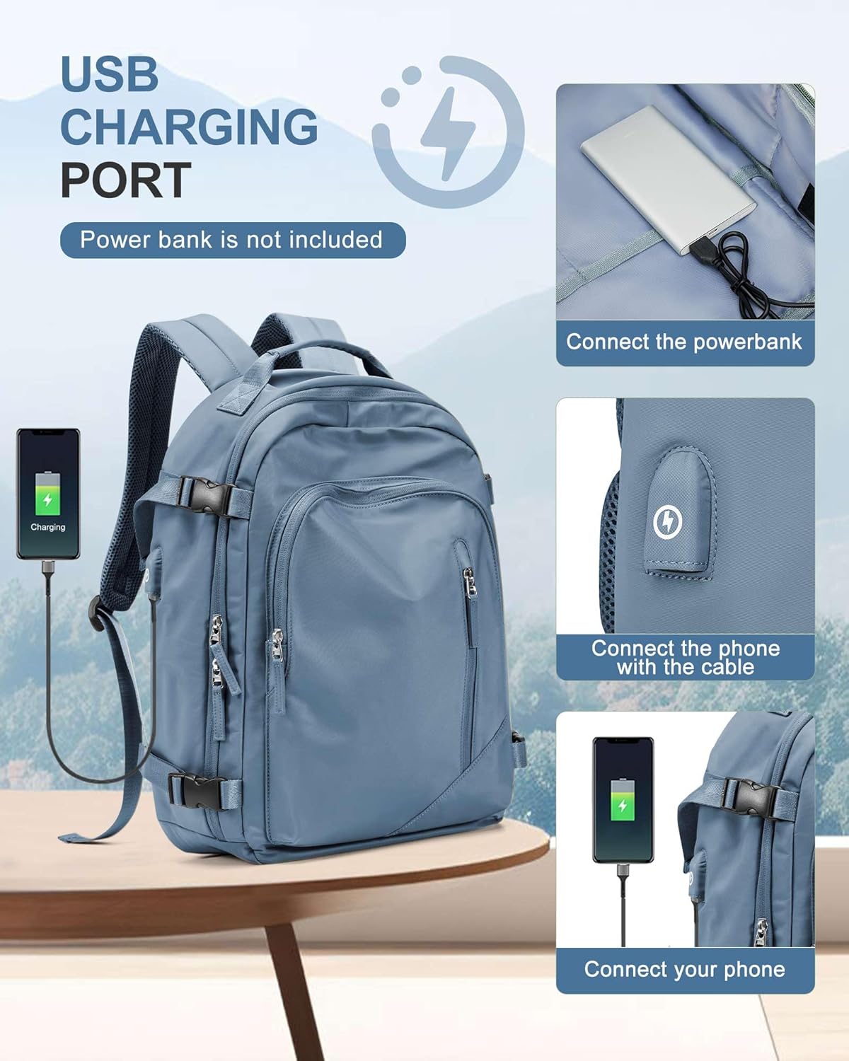 BJLFS Travel Backpack for Women Men, Carry on Backpack Flight Approved Item Bag,Casual Daypacks Cabin Bagage,Hiking Backpack Lightweight Rucksack, Business Laptop Backpack with USB Charger Blue Large - Image 6