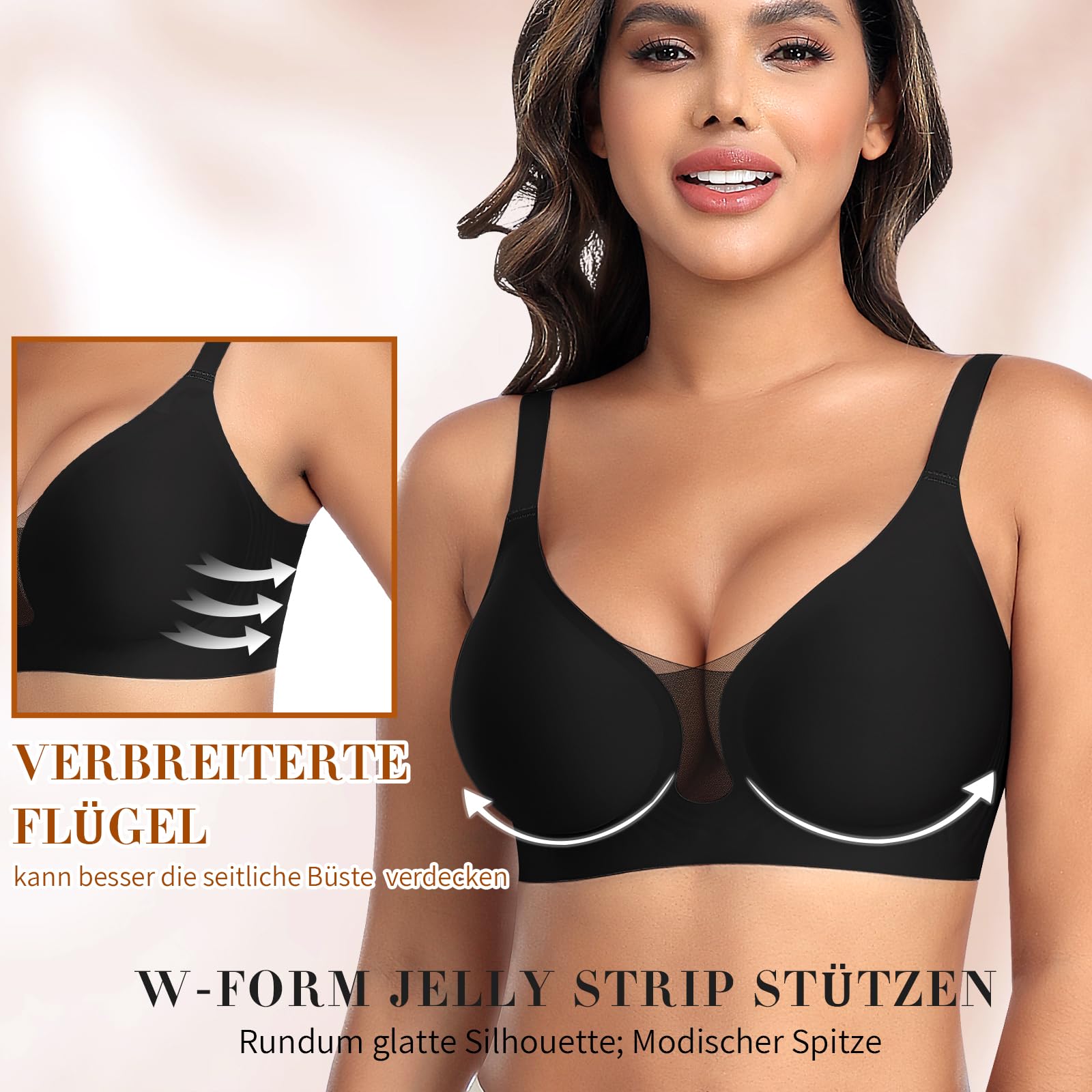 BH Damen Ohne Bügel Nahtloser Glatter Weicher BH Modische Spitze Mesh Tiefes V-Ausschnitt Bequemer BHS Gepolsterter BHS Bustier Bügellos Soft Bra Seamless Bralette T-Shirt