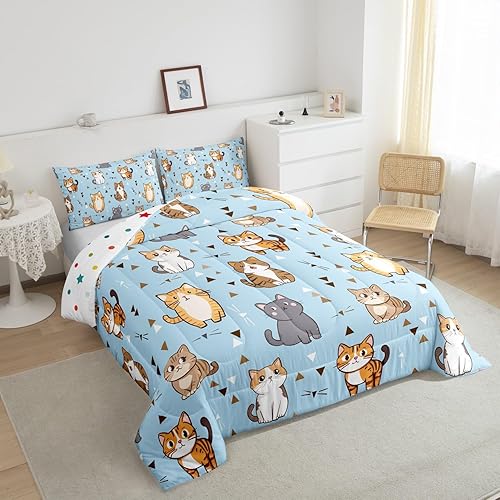 Miniatura 5 de Erosebridal Edredón de gatos para niñas, tamaño King, ropa de cama de animales lindos para niños, gris, marrón, naranja, juego de cama de plumón de