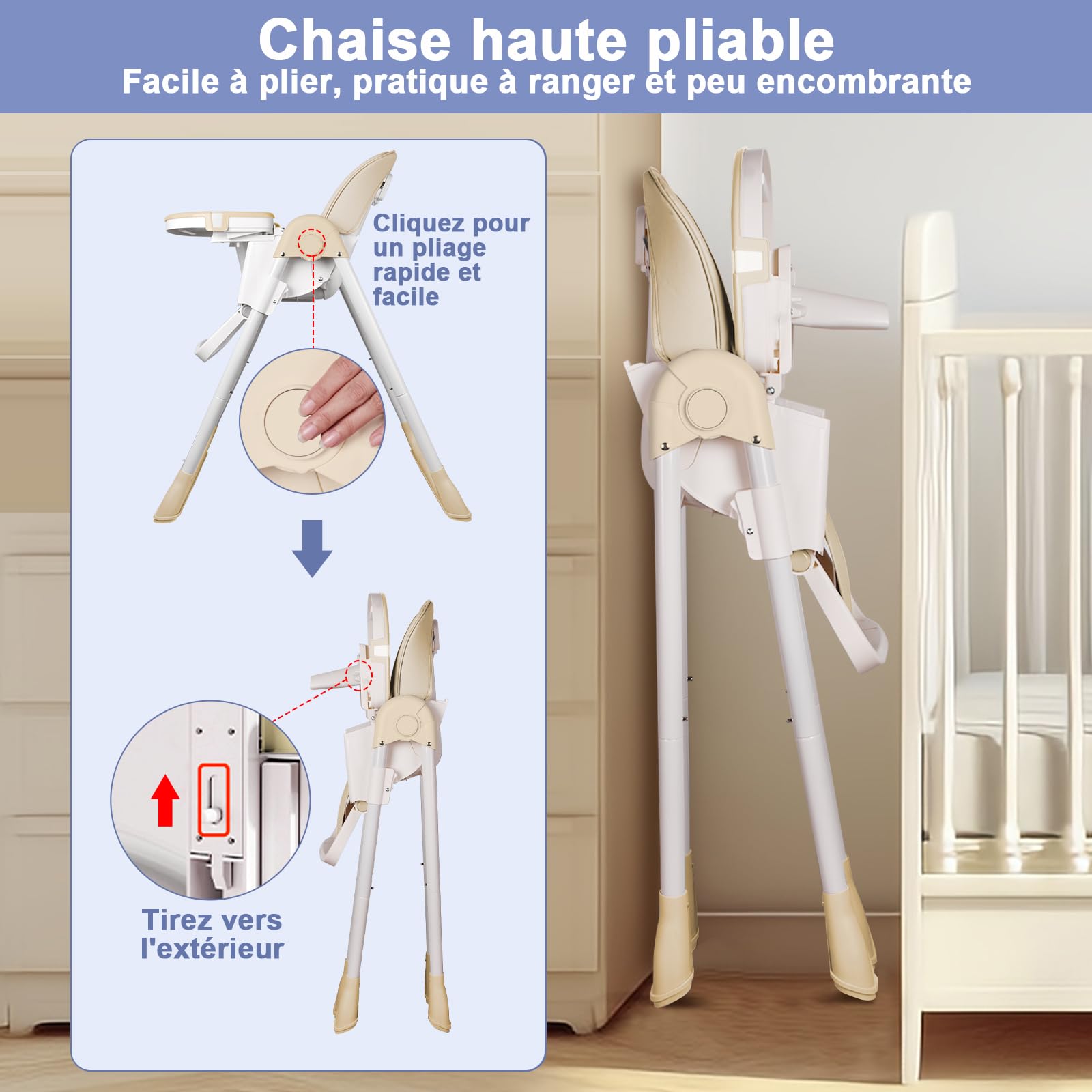 Chaise Haute Bébé, Chaise Haute pour Bébé con Double Plateau Détachable, 5 Positions de Hauteur, 4 Positions de Dossier, Chaise Haute Pliable de 6 à 36 mois
