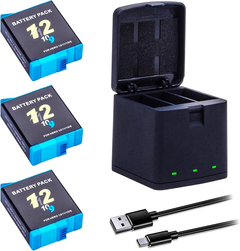 3-Pack Hero 12/11/10/9 Battery with 3-Channel Charger Power Fast Portable | Accessory Fully Compatible with Hero 12, Hero 11, Hero 10, Hero 9 Black Sport Action Camera (AHDBT-901) 2000mAh