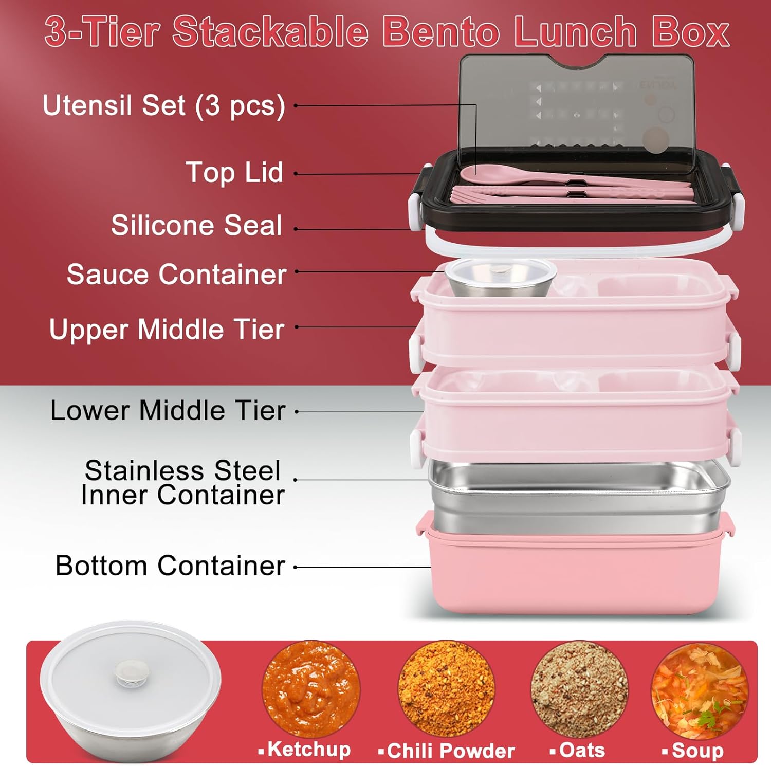 Bento Box Adult Lunch Box with Thermo Bag, 3-Tiers Adult Bento Box with Food-grade Utensil Set for Women, 60 fl-oz Large Lunchable Food Container with Sauce Container for Work, BPA-Free(Pink)