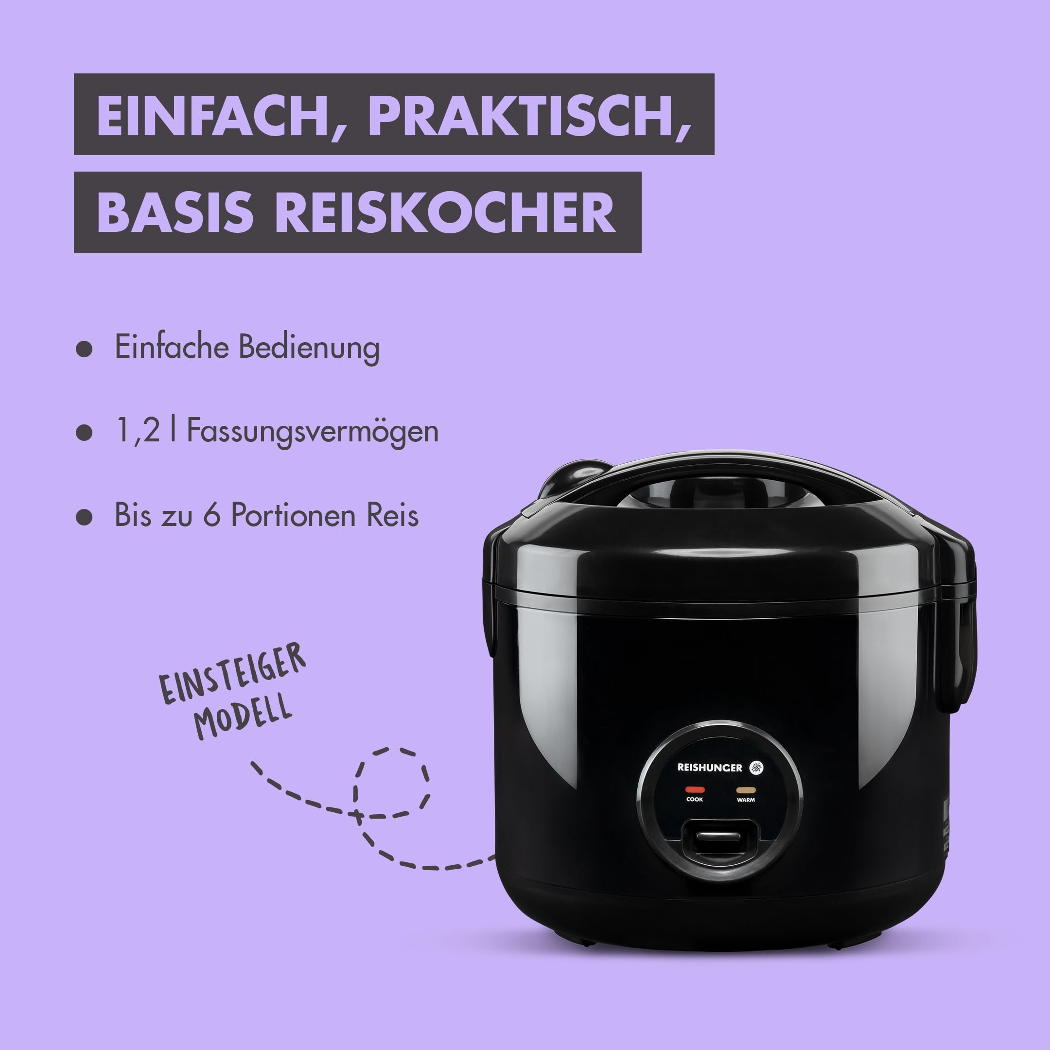 REISHUNGER Reiskocher Dampfgarer Keramikbeschichtung 1,2L Schwarz Warmhaltefunktion Dämpfeinsatz