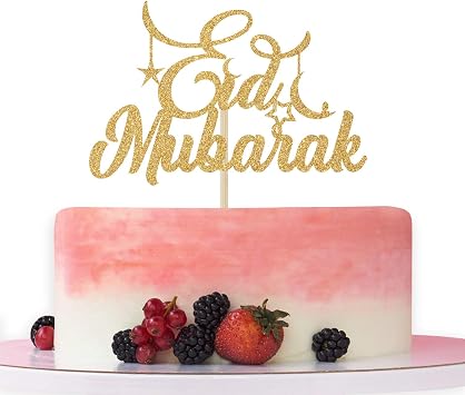 Eid Mubarak Cake Topper - Ramadan Party Decorations - Hajj Mubarak Festival Anniversary Party - Muslim Islam Celebration Decoration Gold Glitter.