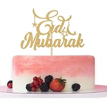 Eid Mubarak Cake Topper - Ramadan Party Decorations - Hajj Mubarak Festival Anniversary Party - Muslim Islam Celebration Decoration Gold Glitter.