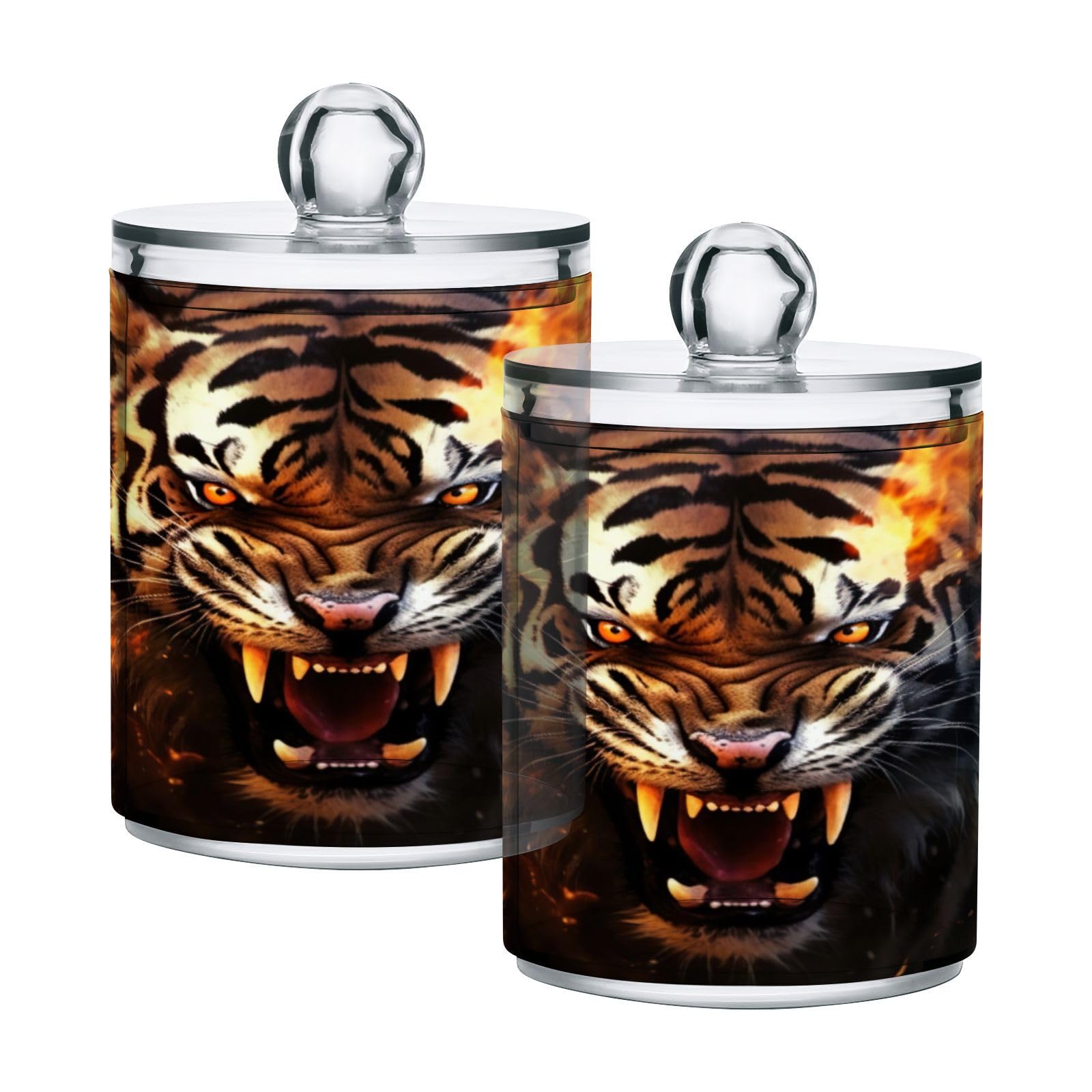 Kigai Cute Tigers Qtip Holder Dispenser - 14OZ Clear Plastic Apothecary Jars Food Storage Jar with Lids Bathroom Canister Organizer for Coffee, Tea, Candy, Floss (2Pack)
