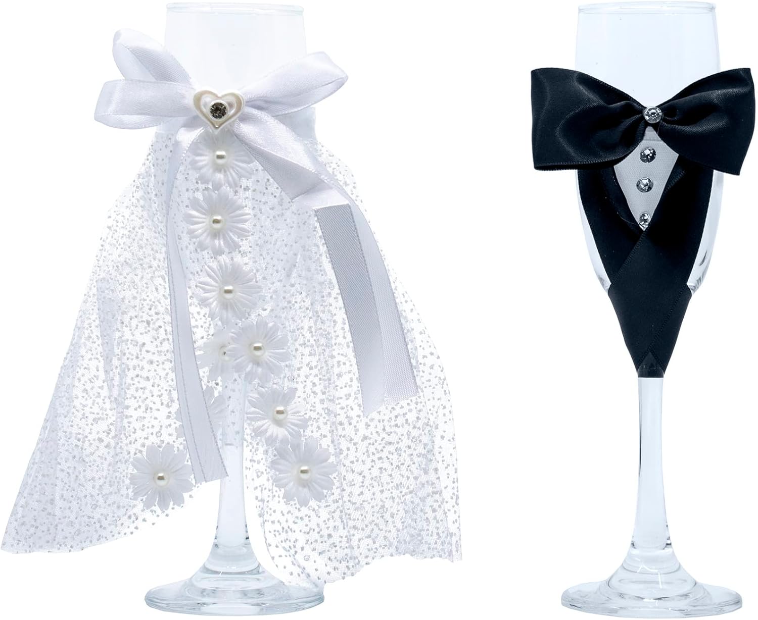 Stephanie Imports Red Floral Wedding Dress with Black Tuxedo - Bride and Groom Wedding Glass Champagne Flutes (Set of 2)