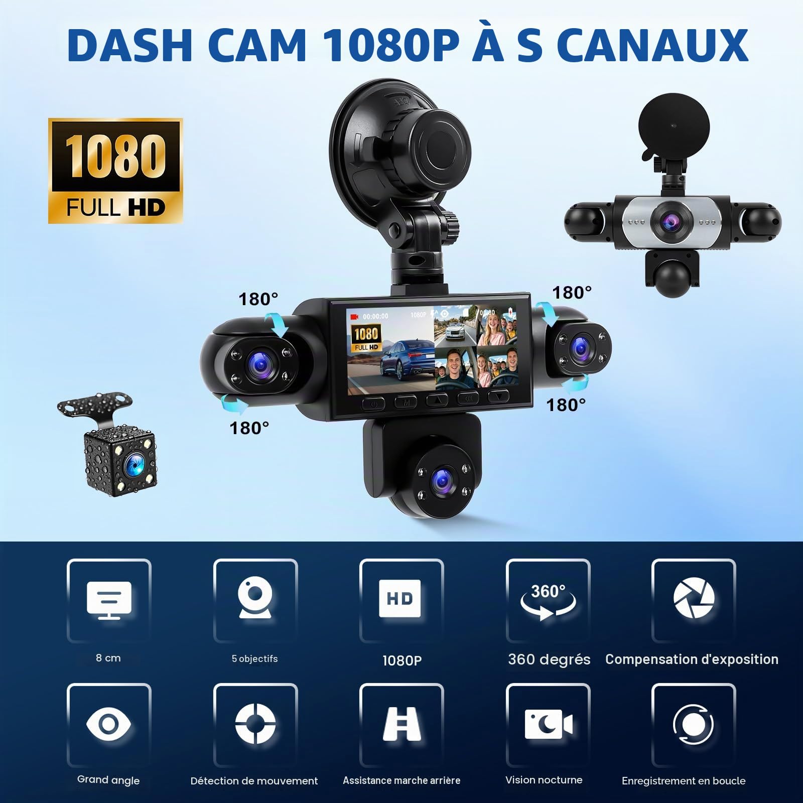 CAMECHO 5 Canaux Vision Nocturne Dashcam 1080P Rotation à 360° Caméra Voiture Embarquée Avant et arrière, 3,16'' Dashcam Mode Parking, Aide au Recul, Enregistrement en Boucle, Détection de Mouvement