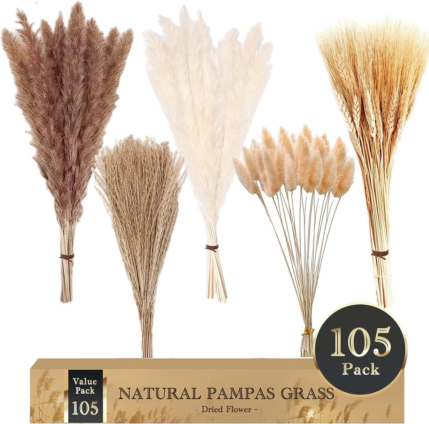 ALLBIZ 105Pcs Natural Pampas Grass Decor, 17in/45cm Dried Flowers for Decoration, Artificial Flower Bouquet for Home Boho Table Decor Accessories, Bohemian Decoration Items for Living Room, Wedding