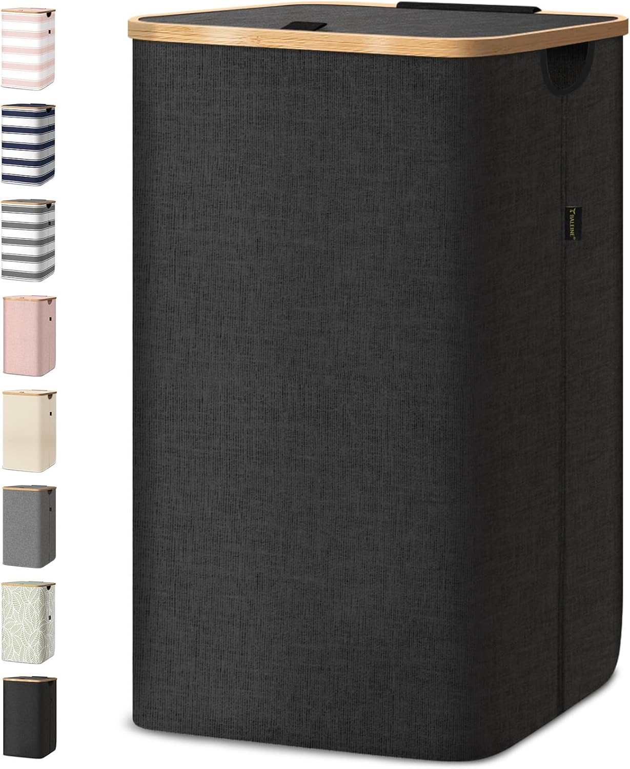 BALEINE Laundry Hamper with Lid, Tall Laundry Baskets with Bamboo Pull Handles, Large Laundry Bin with Internal Support (26 Gal/100L, Black) 26 Gal/100L Black