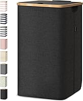 Vista 13 de BALEINE Cesta de lavandería con tapa, cestas altas para la ropa sucia con asas de bambú, contenedor grande para la ropa sucia con soporte interno