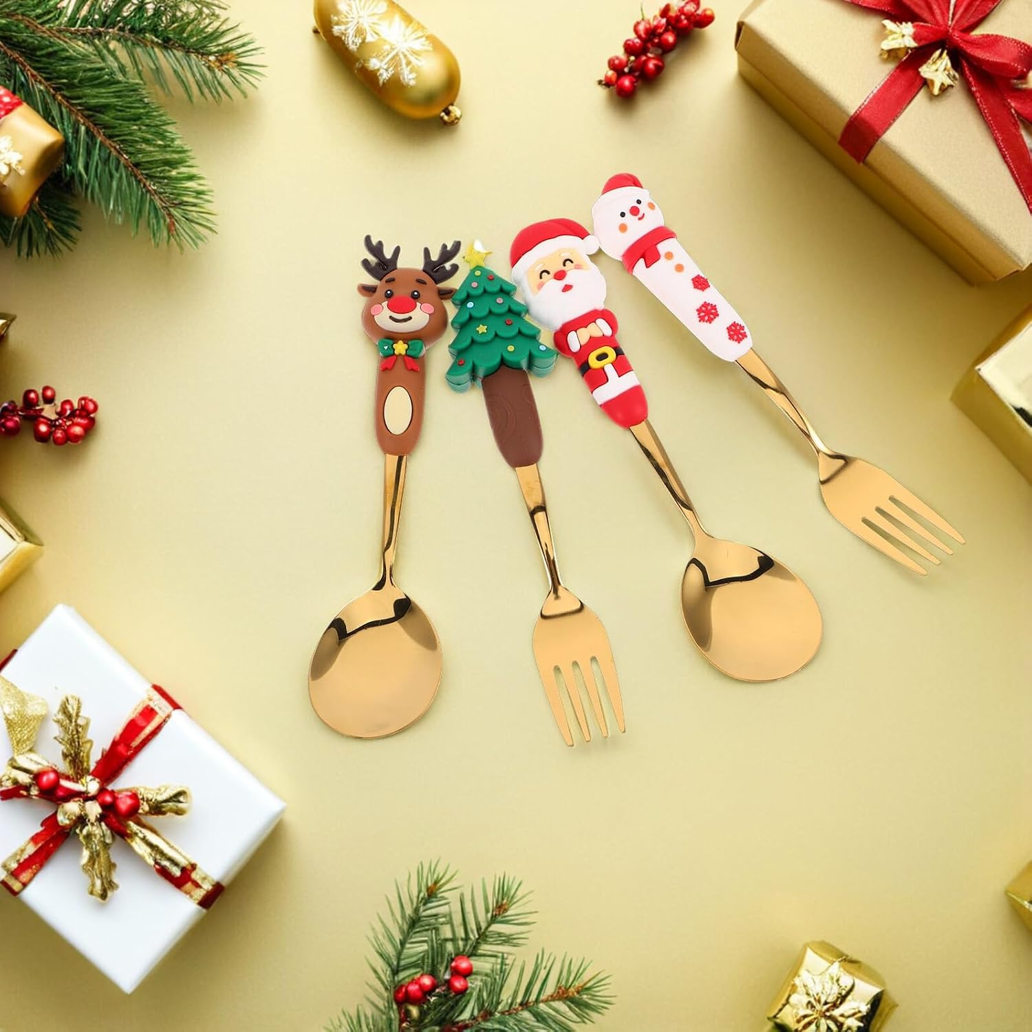 Xmas 4pcs Stainless Steel Cutlery Set with Santa Tree Forks Spoons